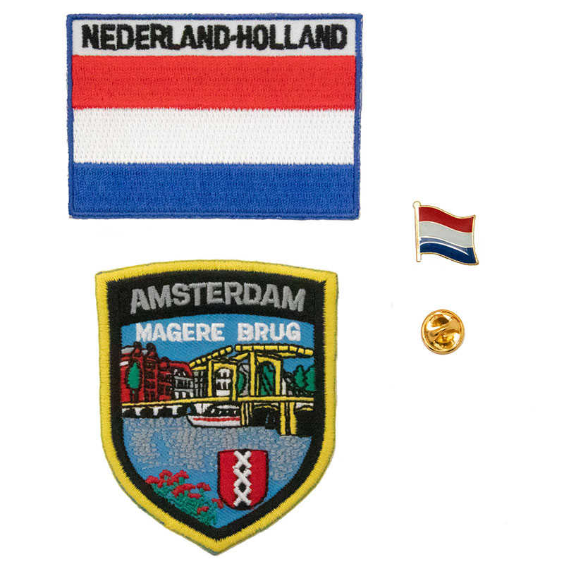 時尚衣服圖案貼布繡 三件組阿姆斯特丹瘦橋地標＋荷蘭國旗藝刺繡+別針 徽章 貼補丁貼