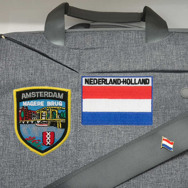 時尚衣服圖案貼布繡 三件組阿姆斯特丹瘦橋地標＋荷蘭國旗藝刺繡+別針 徽章 貼補丁貼