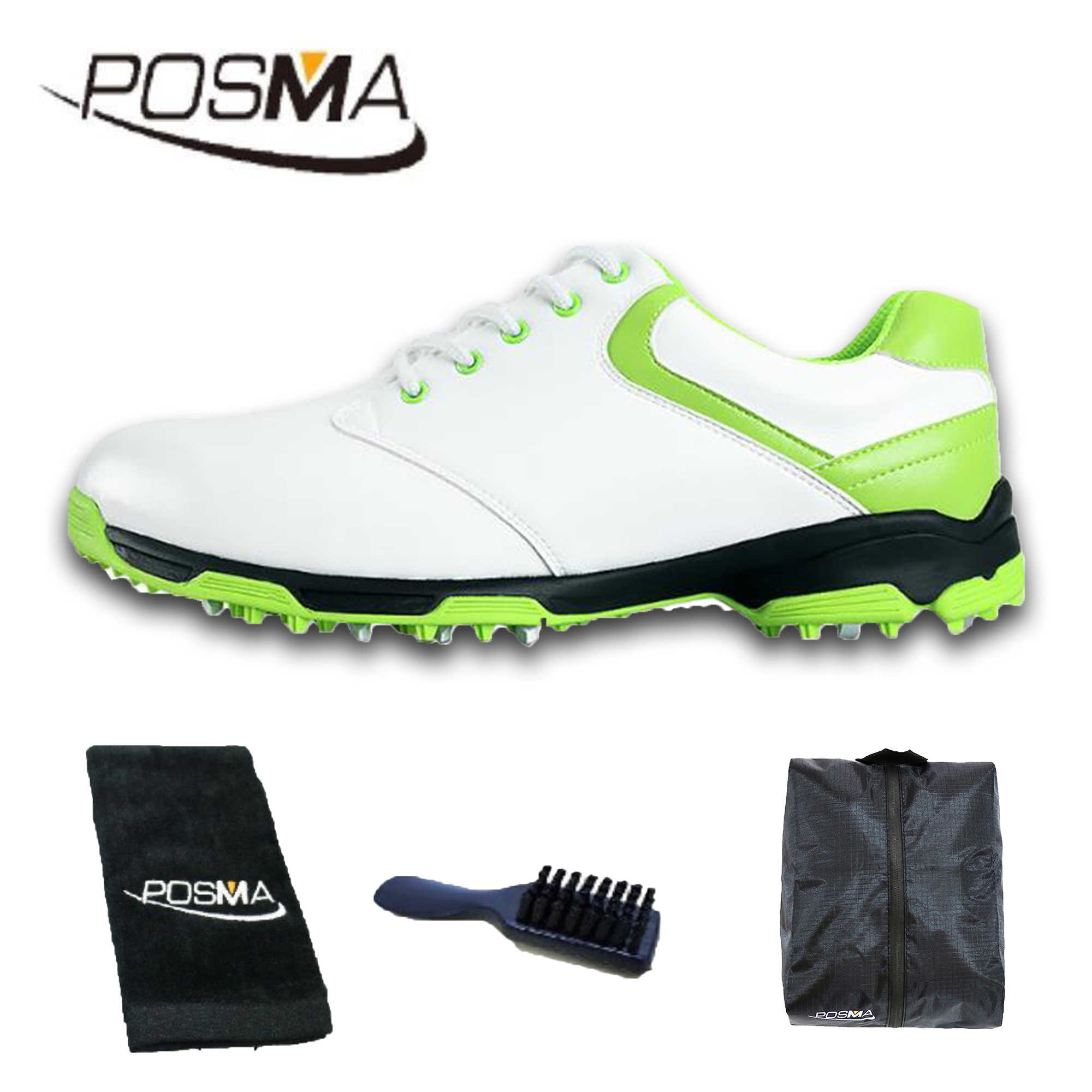 高爾夫球鞋女款球鞋 防側滑釘鞋 防水透氣 舒適柔軟  GSH051 白 綠 配POSMA鞋包 2合1清潔刷   毛巾