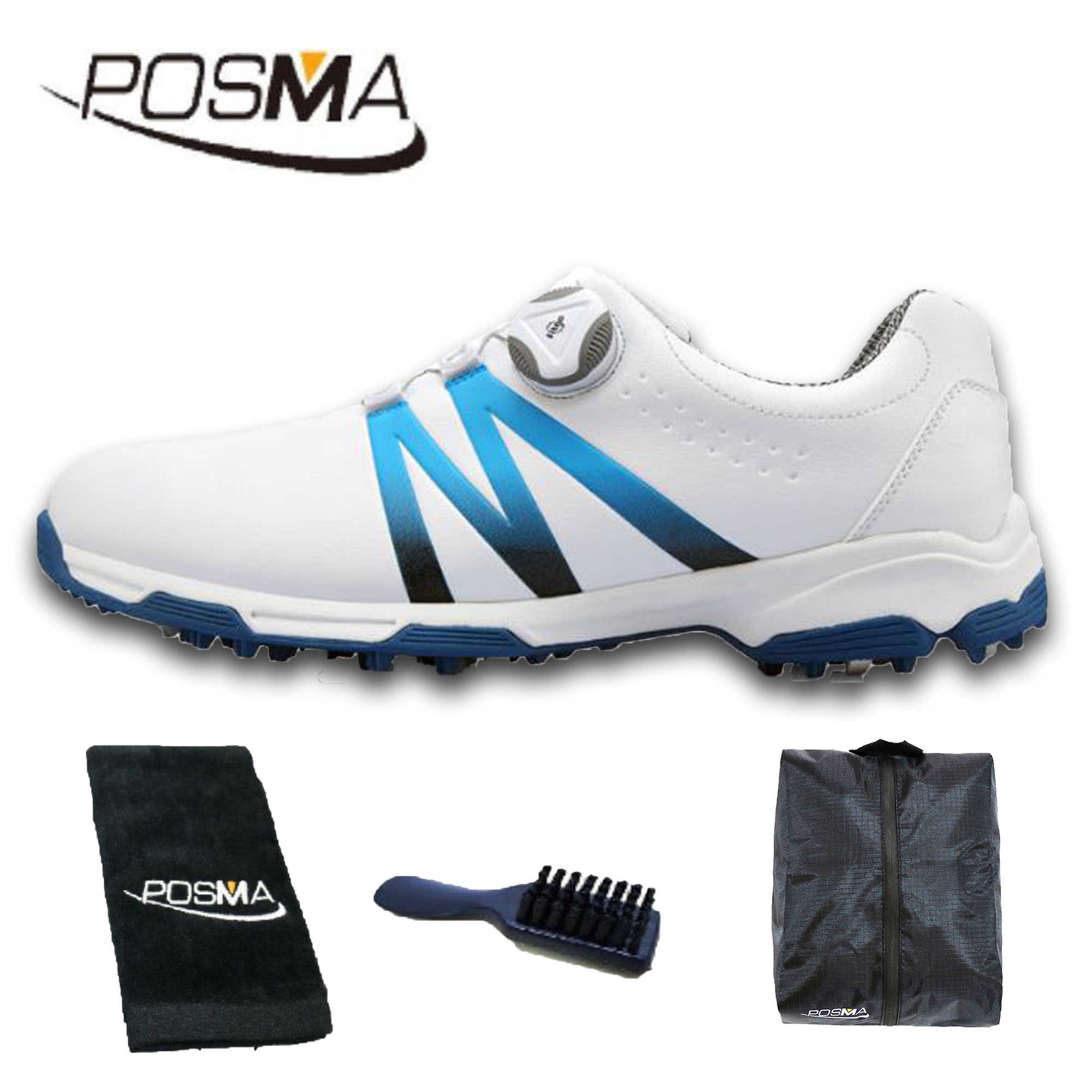 高爾夫男士球鞋 漸變色 旋轉鞋帶 防水透氣   GSH101 白 藍  配POSMA鞋包 2合1清潔刷   高爾夫球毛巾