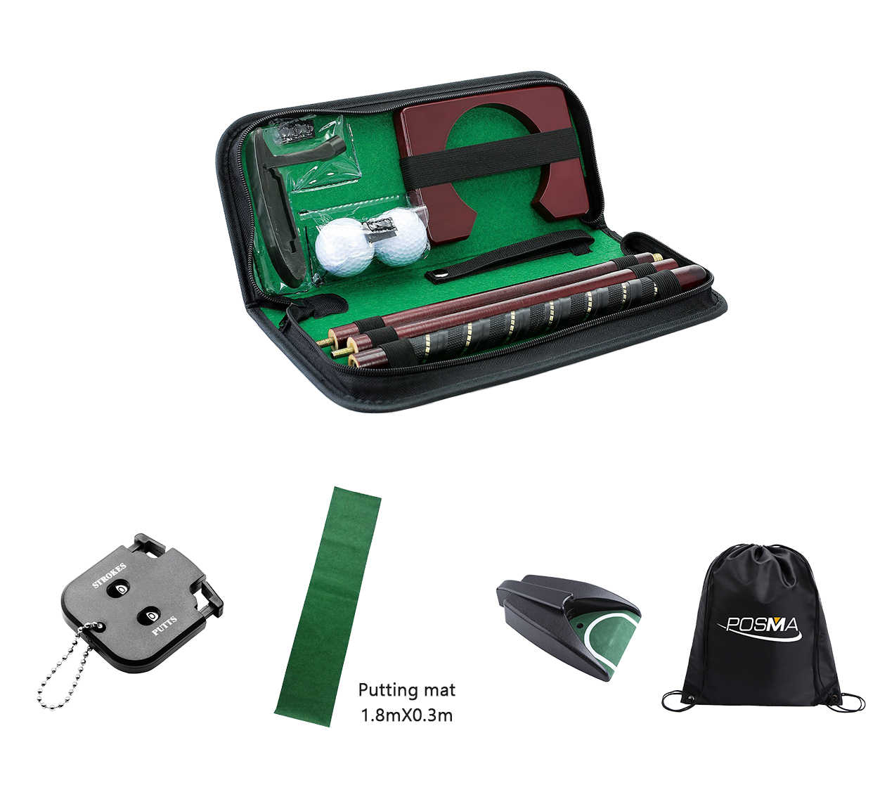 Posma PG020FX便攜式高爾夫推桿訓練套組加配推桿練習地毯自動回球器計分器和POSMA輕便背包