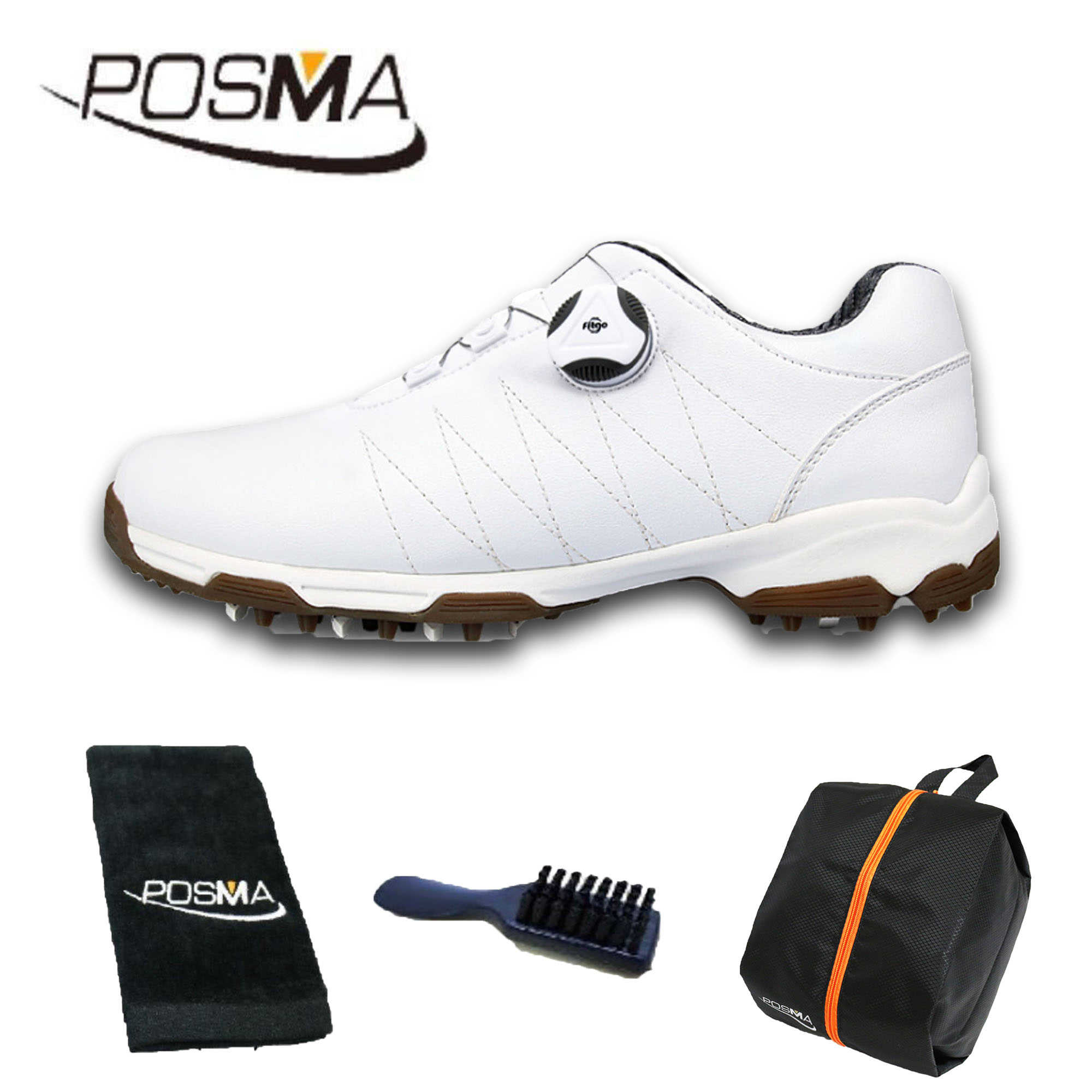 高爾夫球鞋 女士鞋子 防滑防水 自動旋轉鞋帶鞋 GSH082白Khaki Spinner 配POSMA鞋包 2合1清潔刷