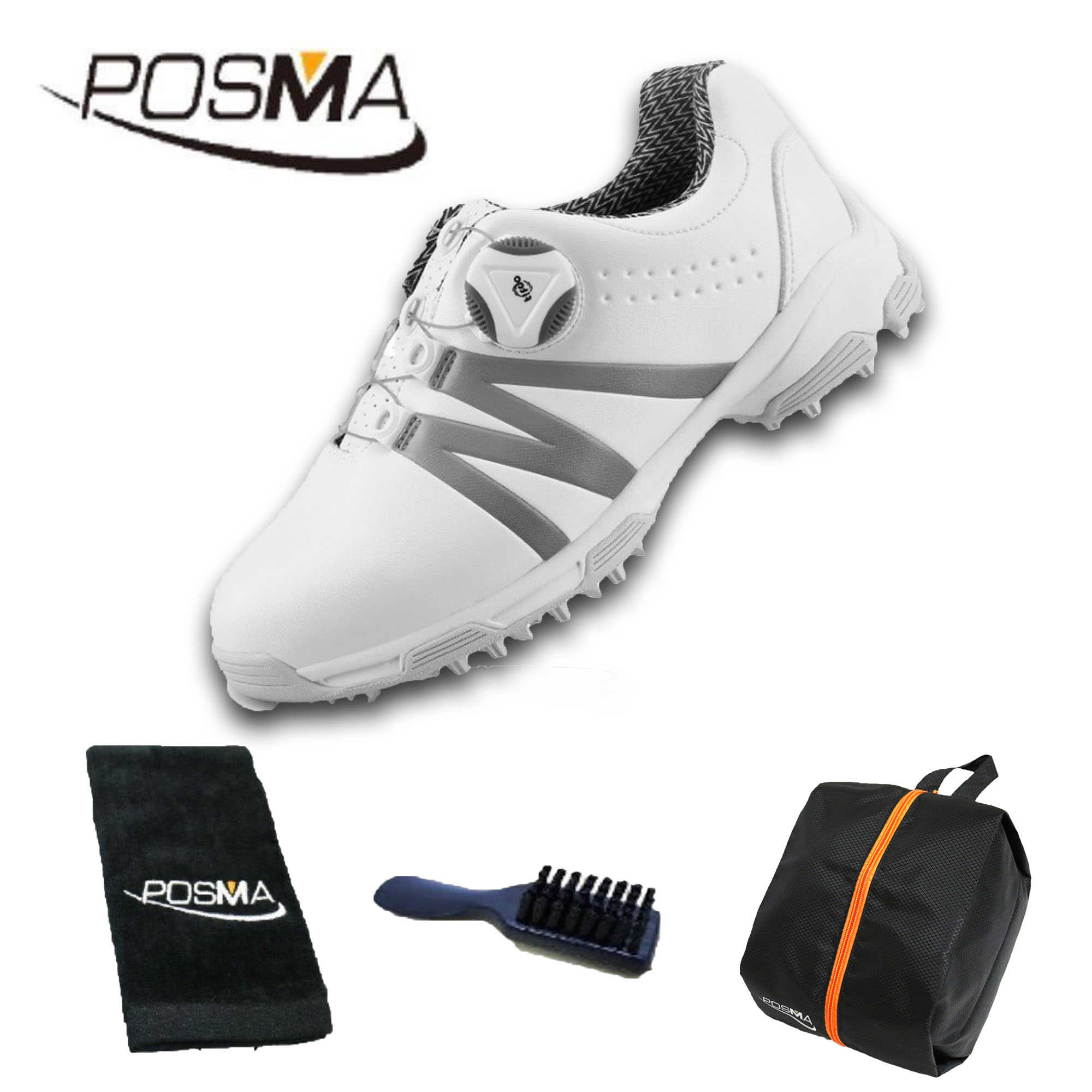 高爾夫女士球鞋 防水防滑運動鞋 鞋子百搭時尚球鞋  GSH128 白 灰 配POSMA鞋包 2合1清潔刷 高爾夫球毛巾