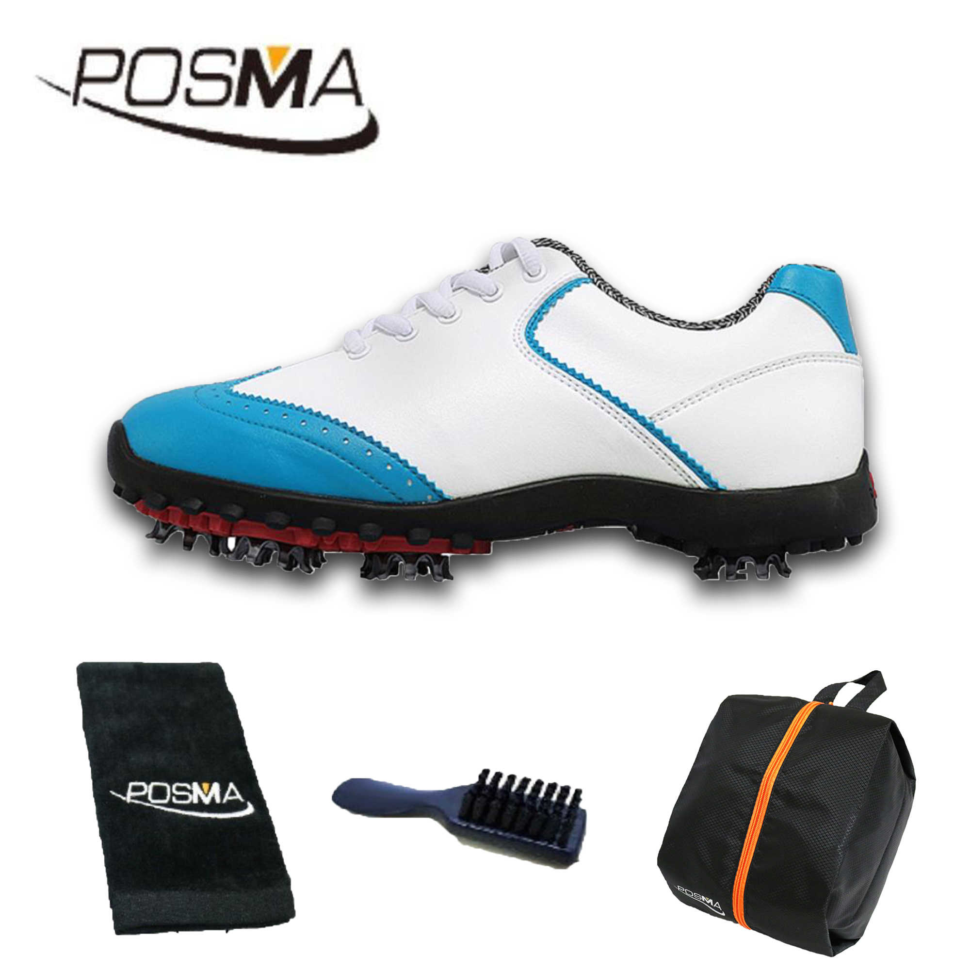高爾夫球鞋 女款 英倫風 防水超纖皮 防水運動鞋  GSH080 白 藍  高爾夫球毛巾