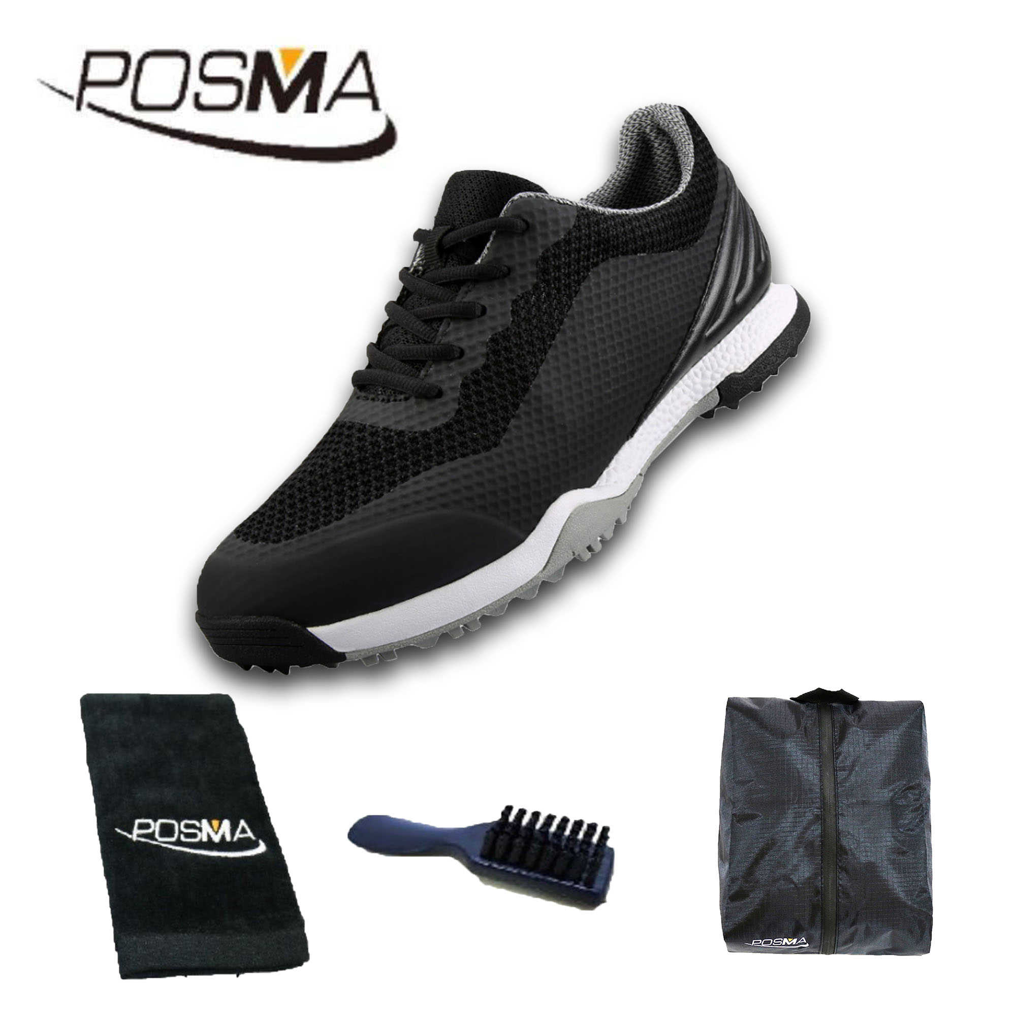 工廠 男士透氣防水鞋 高爾夫球鞋 男士球鞋 透氣型 golf shoes GSH119黑 配POSMA鞋包 2合1清潔刷