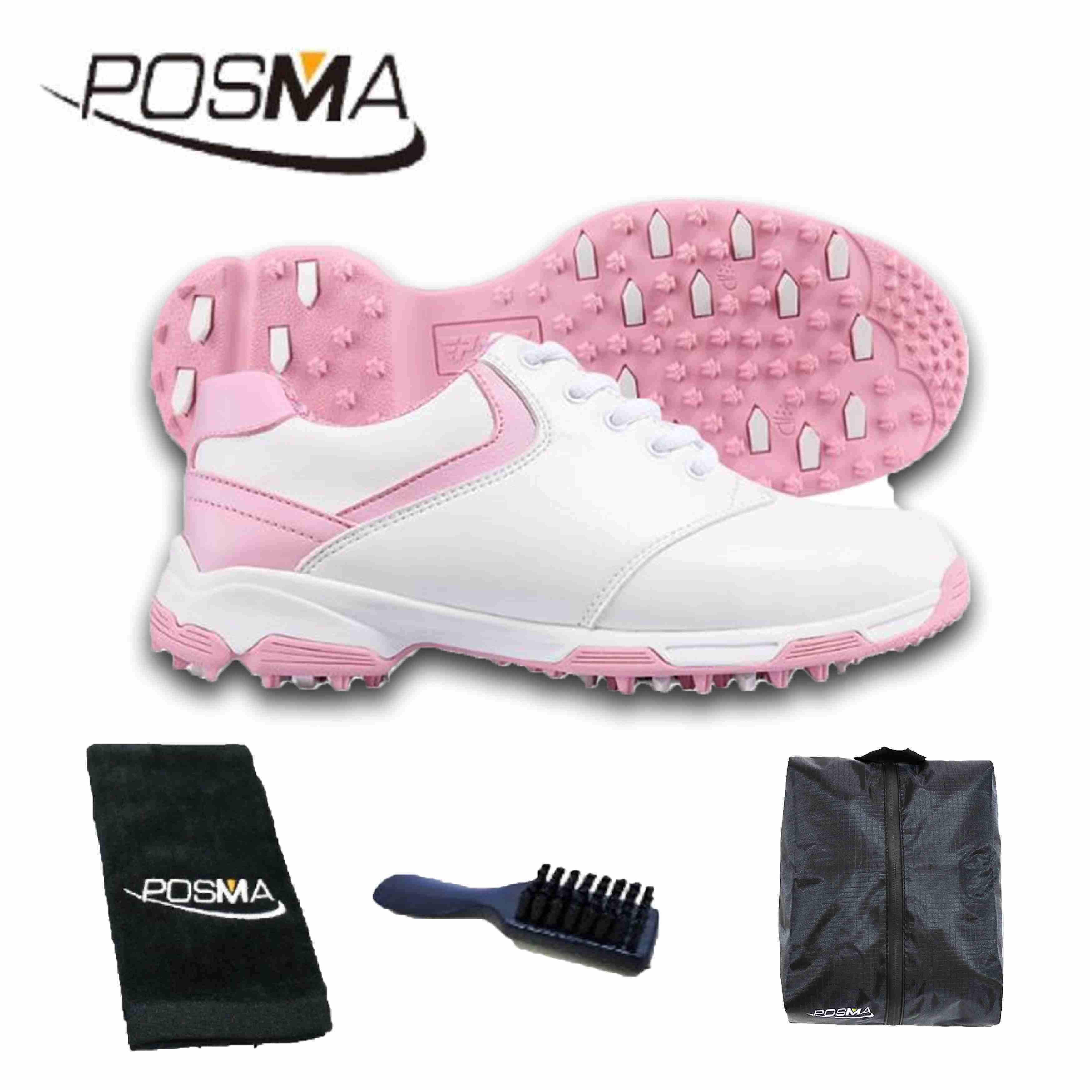 高爾夫球鞋女款球鞋 防側滑釘鞋 防水透氣 舒適柔軟 GSH051 白 粉 配POSMA鞋包 2合1清潔刷  高爾夫球毛巾