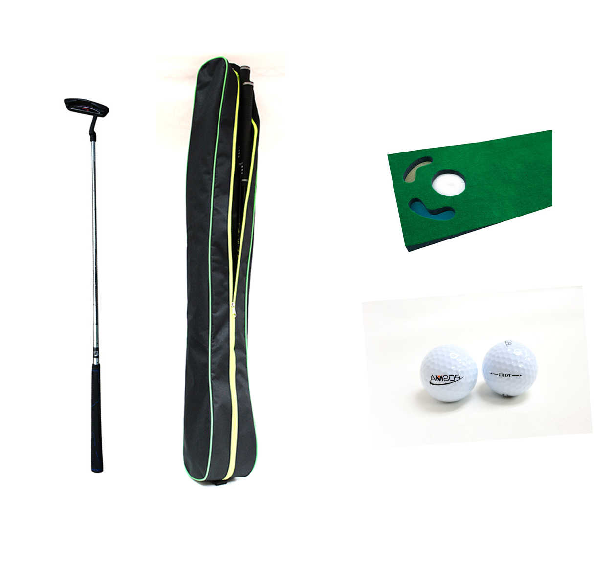 Posma GCP01A高爾夫推桿3合1套裝包括高爾夫推桿和帶坡度推桿地毯各一,雙層比賽球2個,附送輕便球桿包