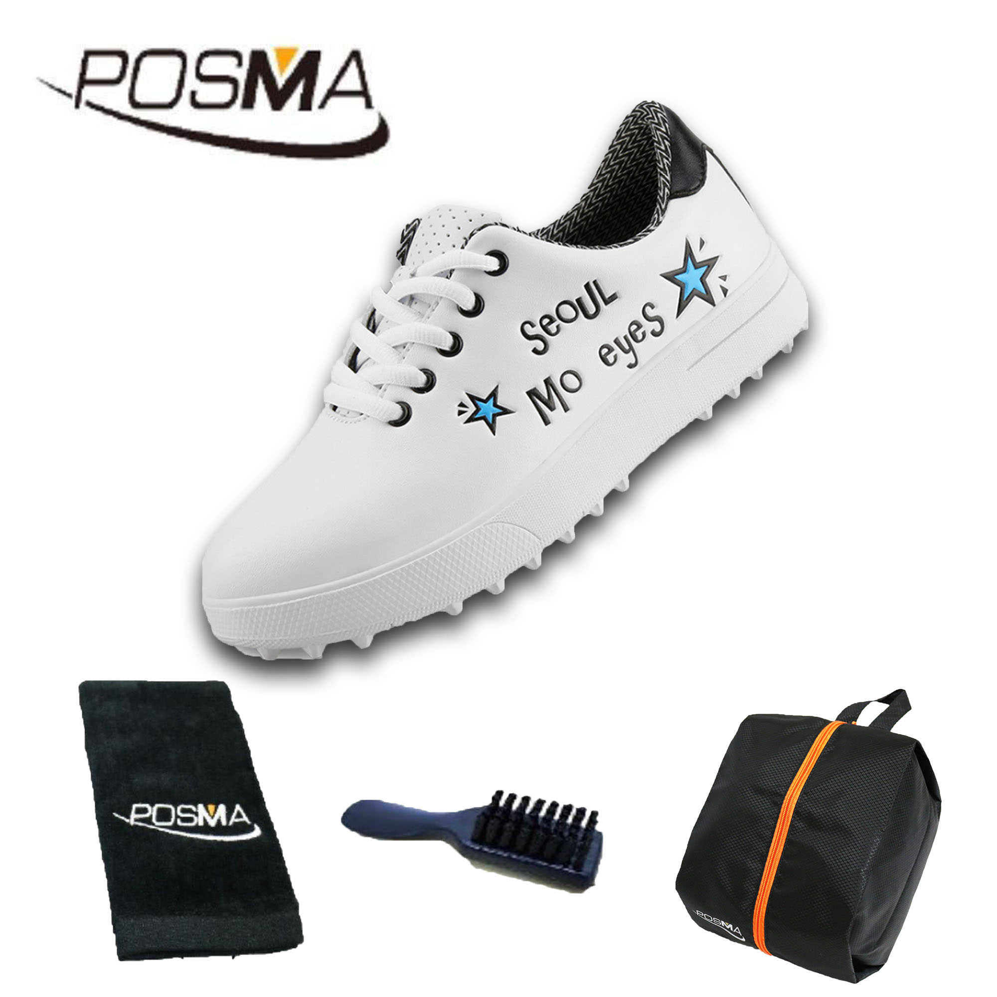 高爾夫球鞋 兒童運動鞋子男女童印花防水透氣球鞋  GSH126 白 藍 配POSMA鞋包 2合1清潔刷  高爾夫球毛巾