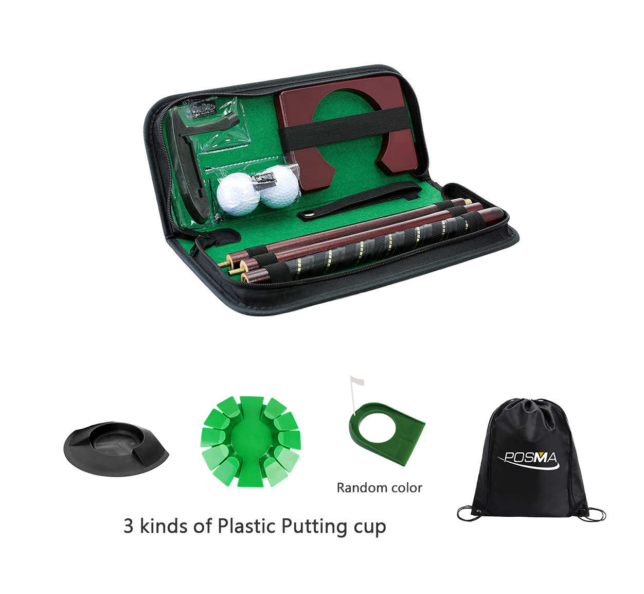 Posma PG020M 高爾夫推桿練習組-木質推桿+3款塑料推桿果嶺盤+Posma黑色束口後背包