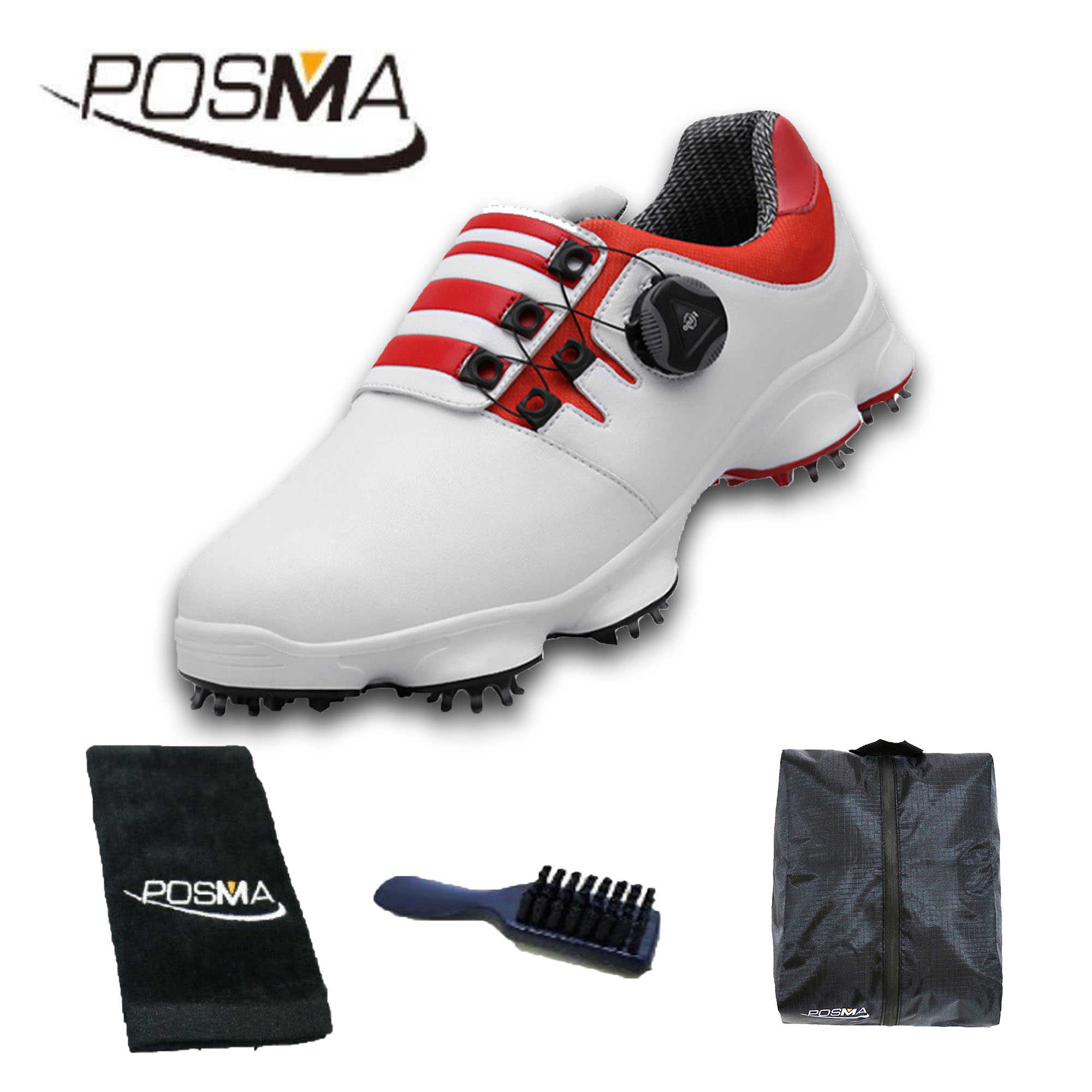 PGM 高爾夫男士球鞋 旋轉鞋帶球鞋 防水防滑鞋子   GSH094 白 紅  配POSMA鞋包 2合1清潔刷