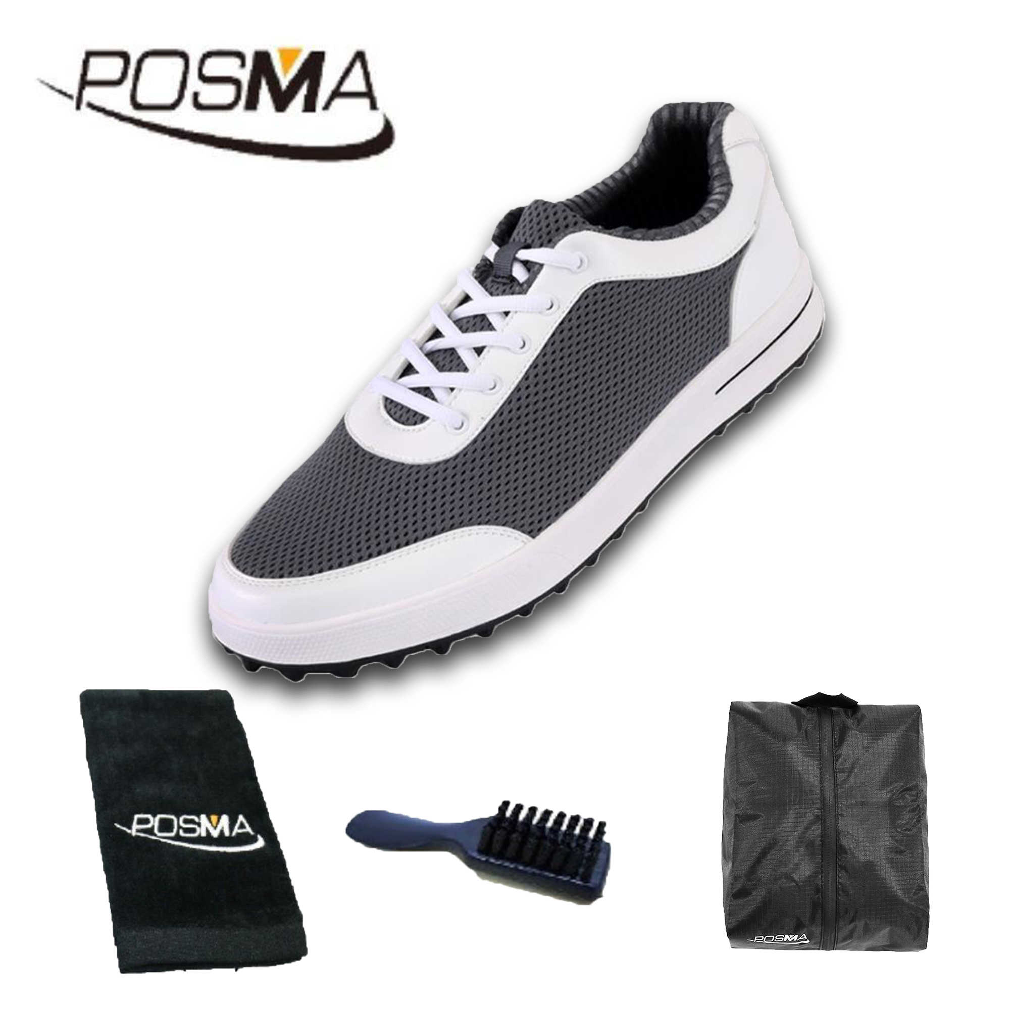 高爾夫男士球鞋 夏季網布球鞋 輕便 透氣舒適   GSH079 灰 配POSMA鞋包 2合1清潔刷   高爾夫球毛巾