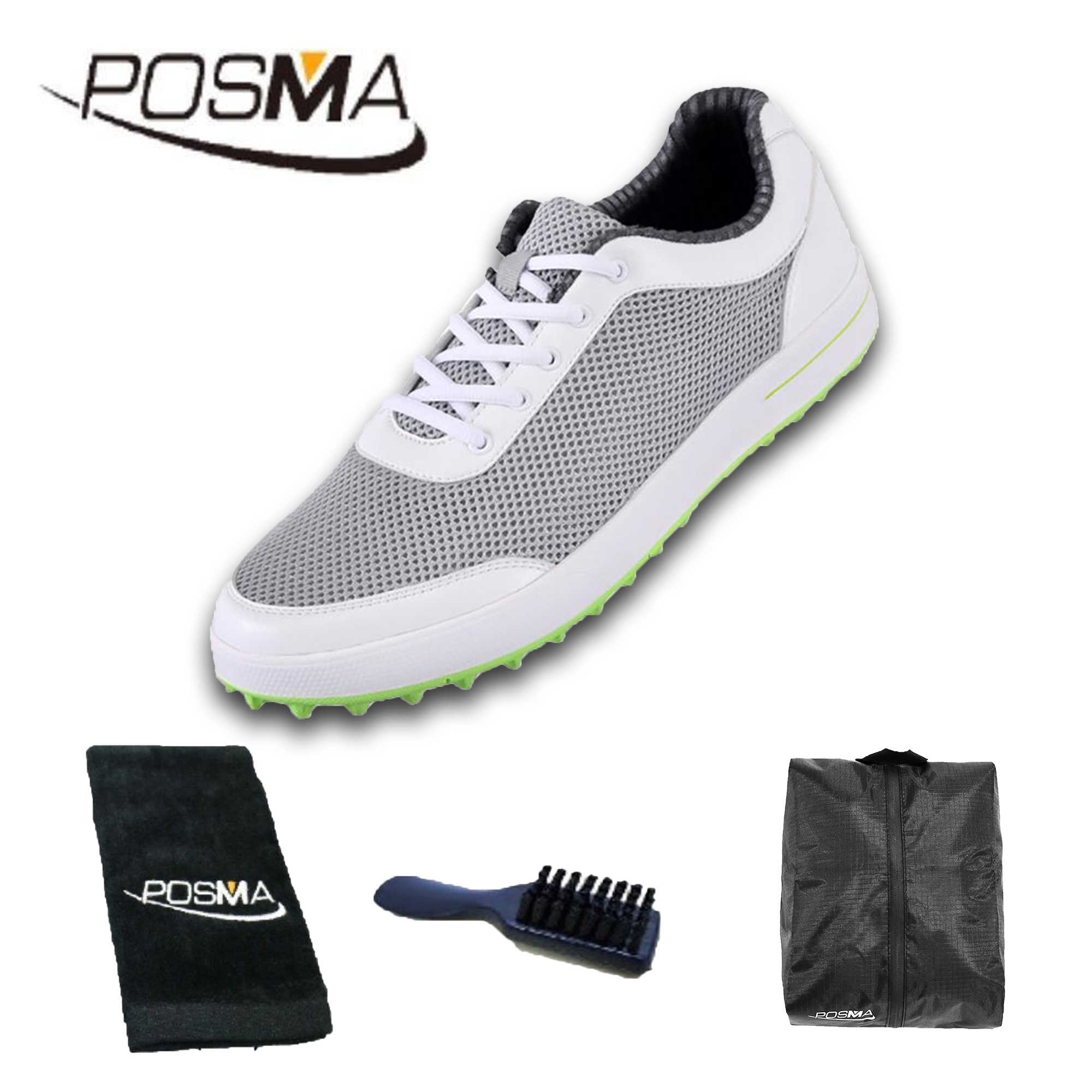 高爾夫男士球鞋 夏季網布球鞋 輕便 透氣舒適 GSH079L 灰 配POSMA鞋包 2合1清潔刷   高爾夫球毛巾