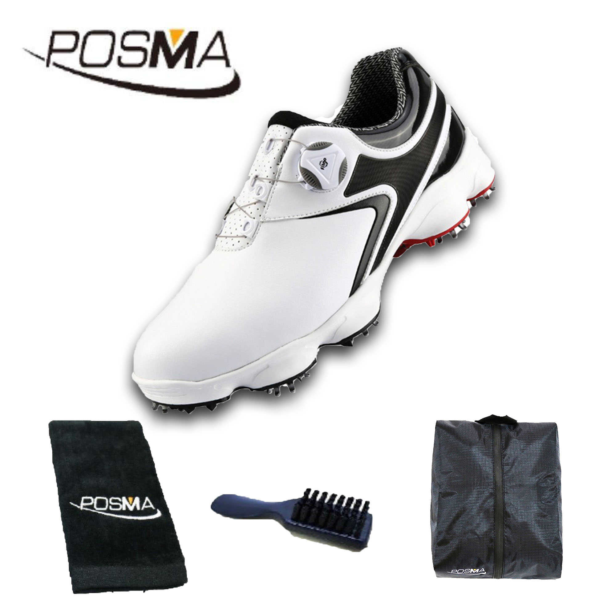 高爾夫男士球鞋 寬版鞋底 旋轉鞋帶 防水透氣  GSH125 白 黑 灰  配POSMA鞋包 2合1清潔刷 高爾夫球毛巾