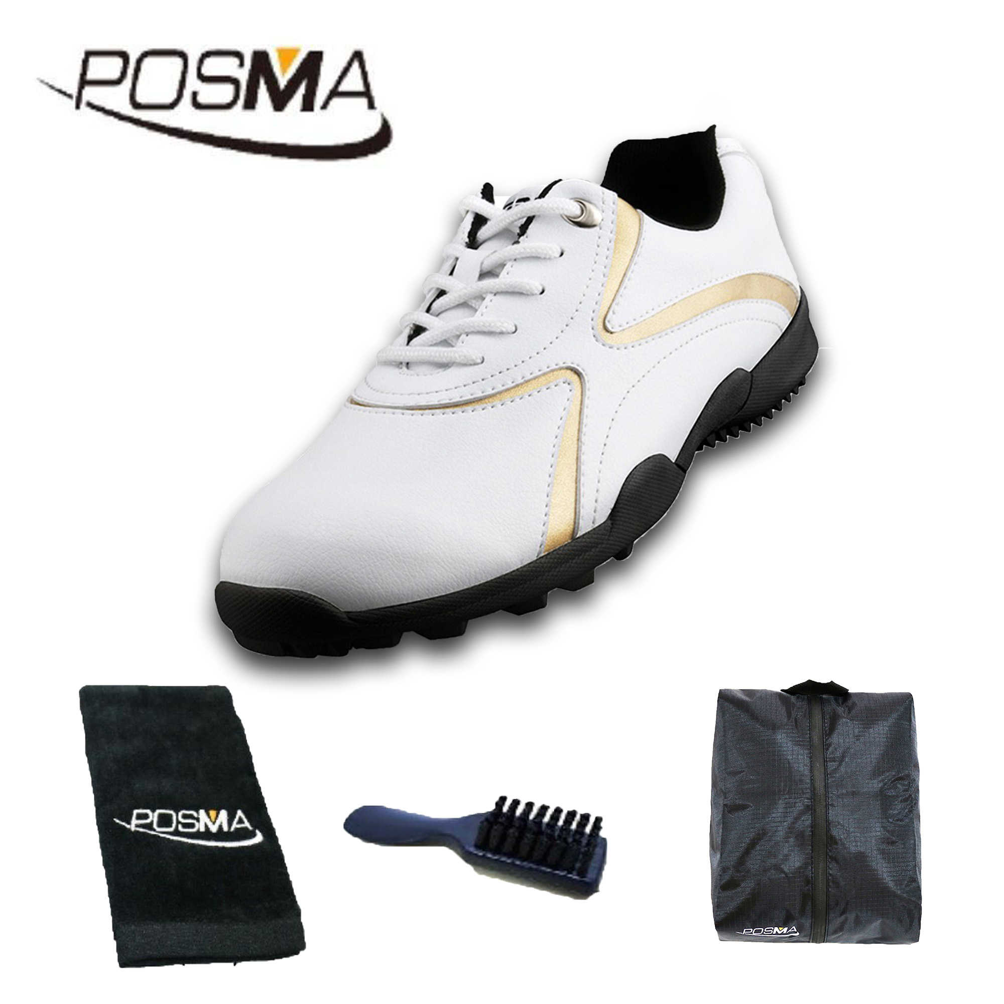 高爾夫球鞋 男士固定釘球鞋 高爾夫男士運動休閒鞋  GSH016男款 金 配POSMA鞋包 2合1清潔刷   高爾夫毛巾