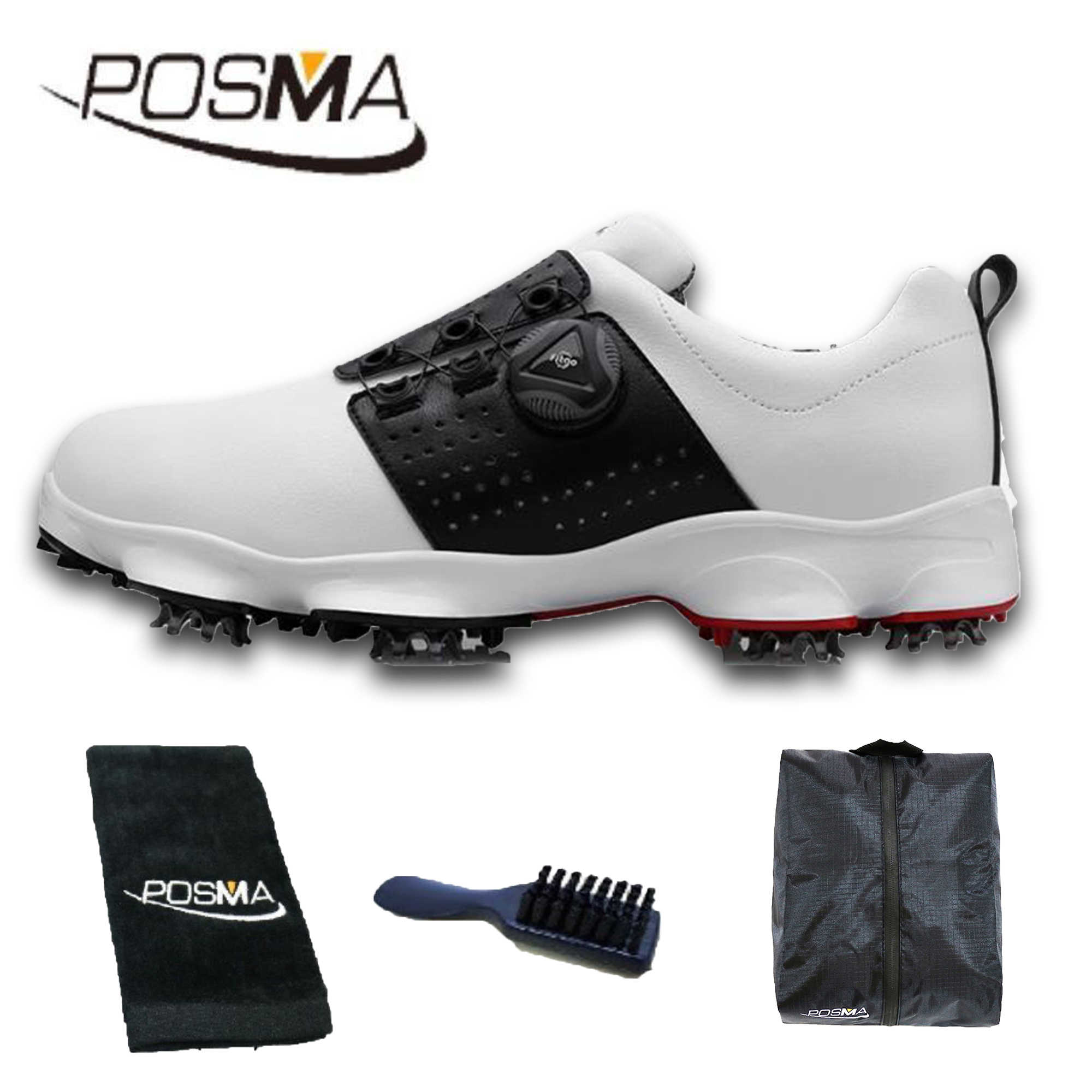 高爾夫男士球鞋 防水透氣 活動釘鞋 旋轉鞋帶球鞋 GSH097 白 黑  配POSMA鞋包 2合1清潔刷  高爾夫球毛巾