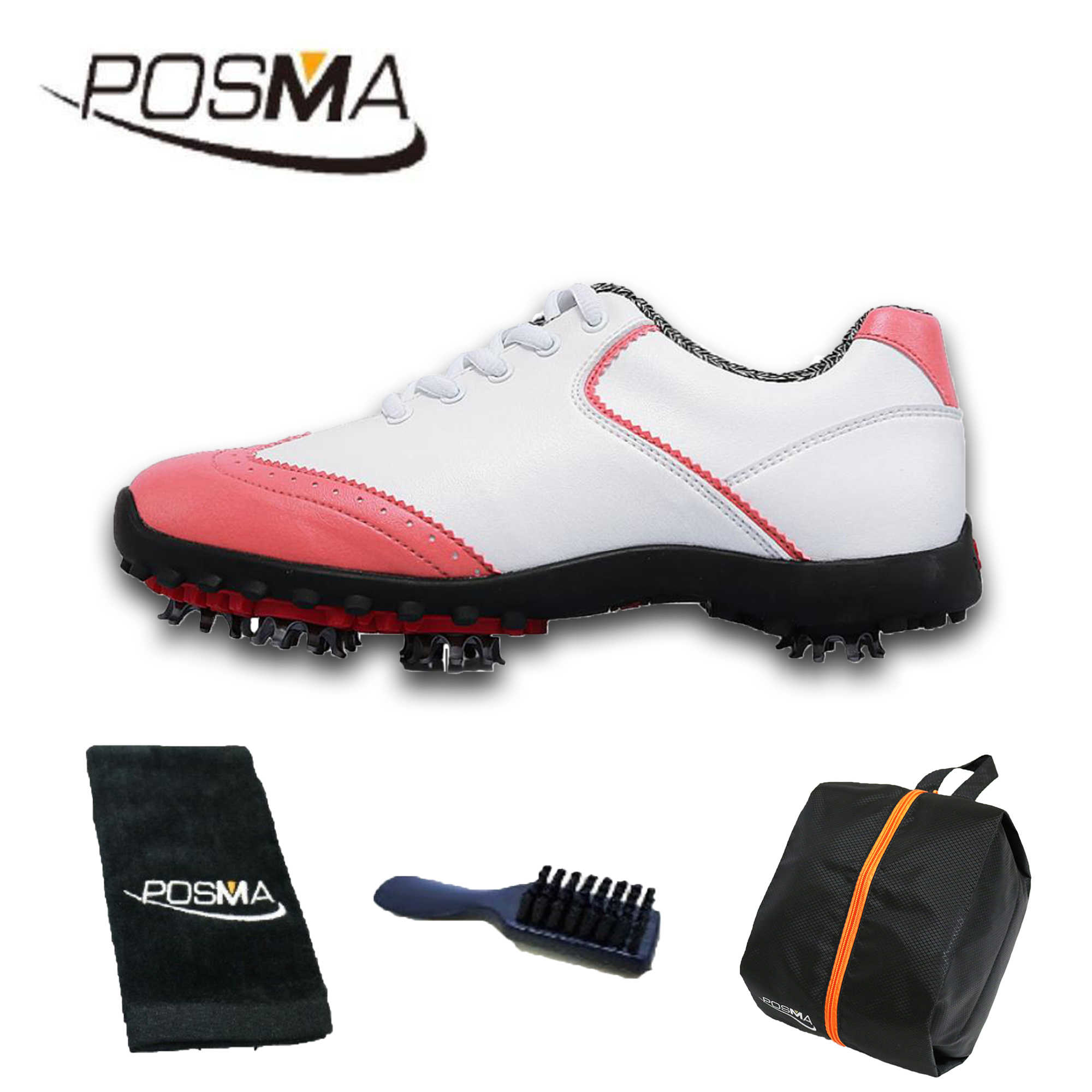 高爾夫球鞋 女款 英倫風 防水超纖皮 防水運動鞋  GSH080 白 粉  高爾夫球毛巾