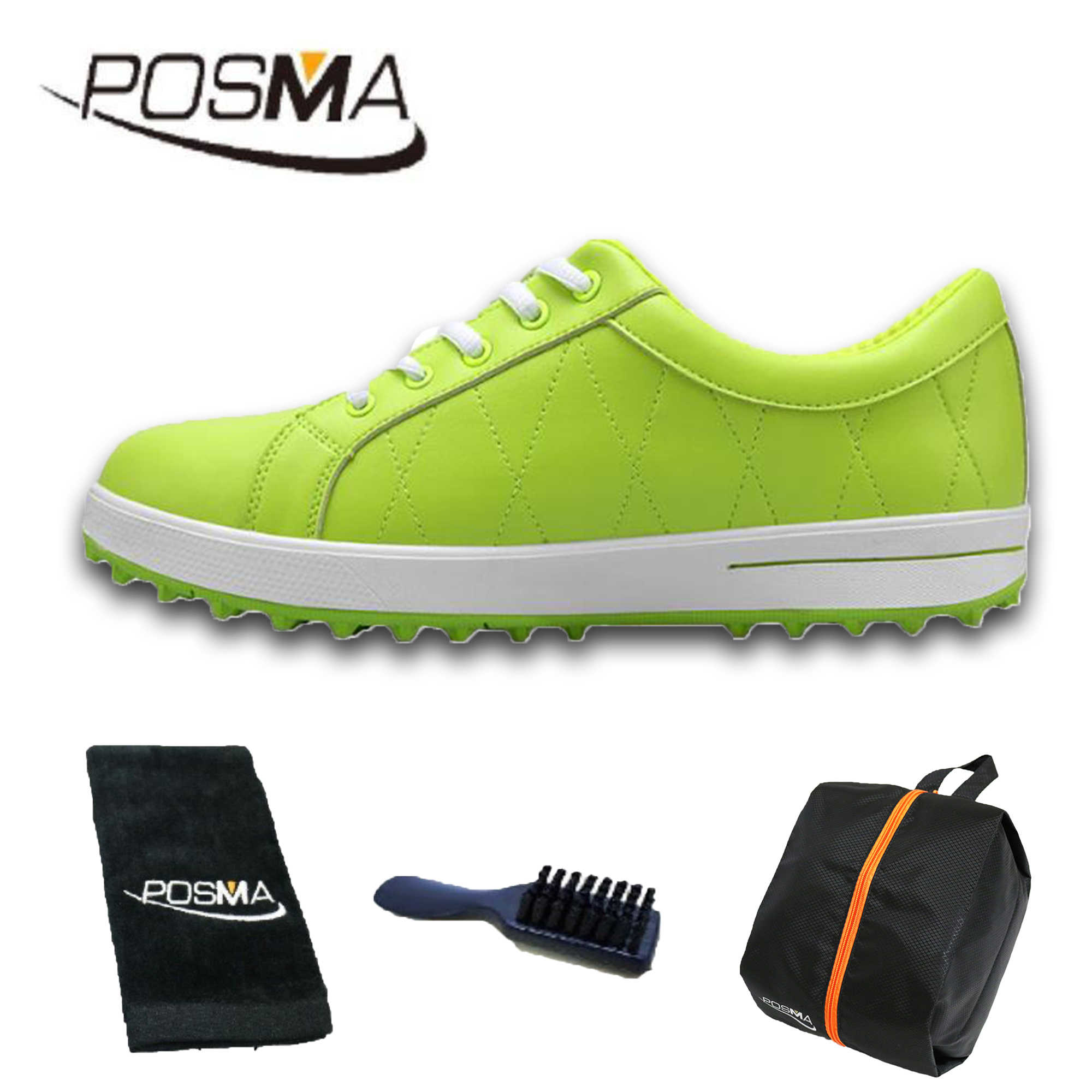 高爾夫球鞋 女款運動休閒鞋 無釘鞋 透氣防水  GSH033 綠 配POSMA鞋包 2合1清潔刷    高爾夫球毛巾