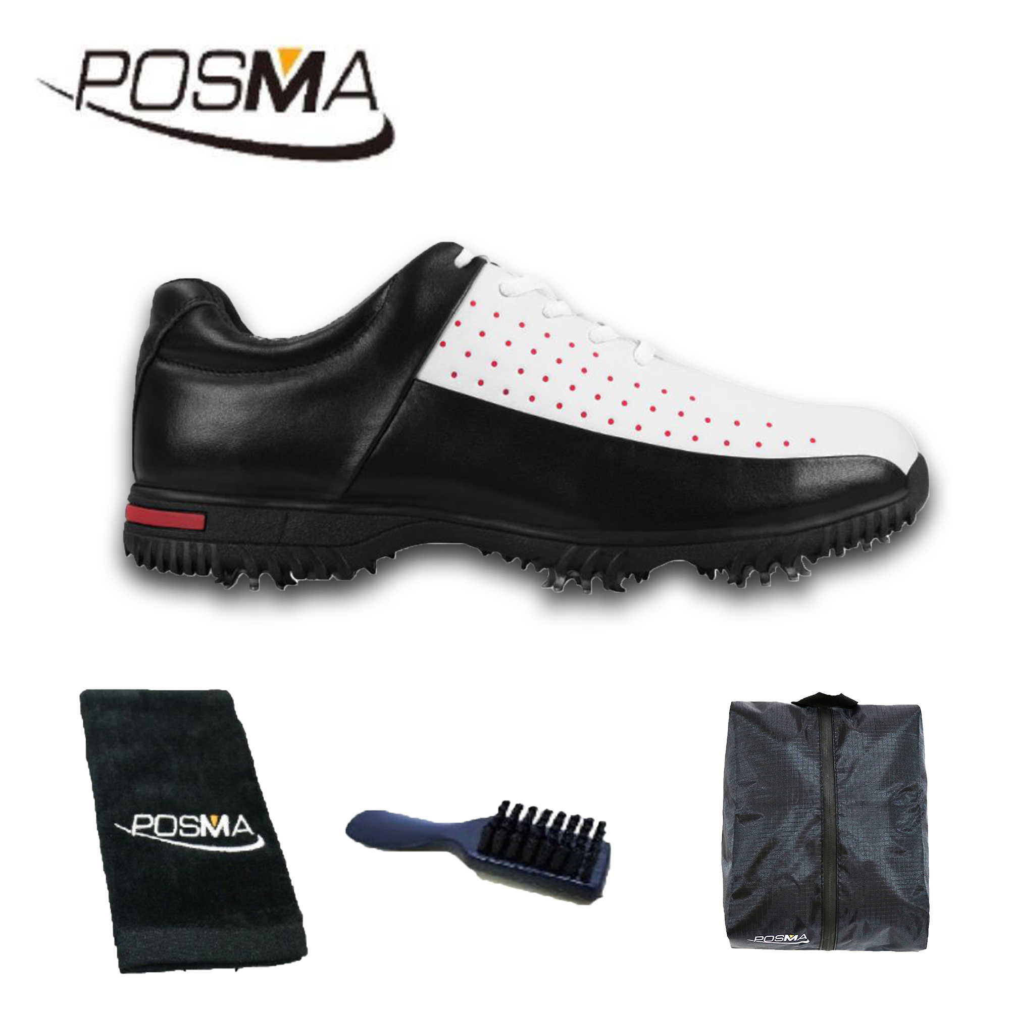 高爾夫球鞋 防水超纖皮鞋 男士透氣鞋 防滑golf shoes  GSH069 黑  配POSMA鞋包 2合1清潔刷