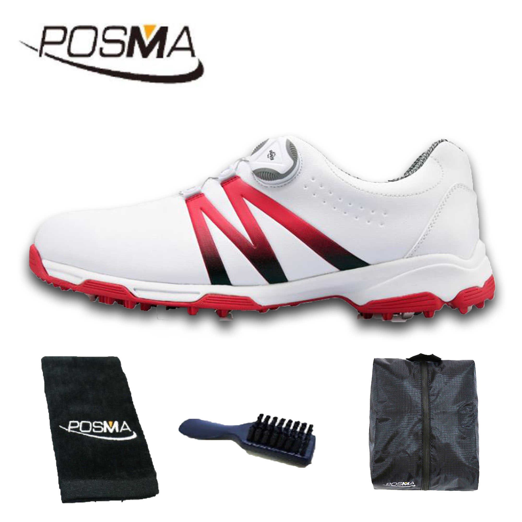高爾夫男士球鞋 漸變色 旋轉鞋帶 防水透氣   GSH101 白 紅  配POSMA鞋包 2合1清潔刷   高爾夫球毛巾