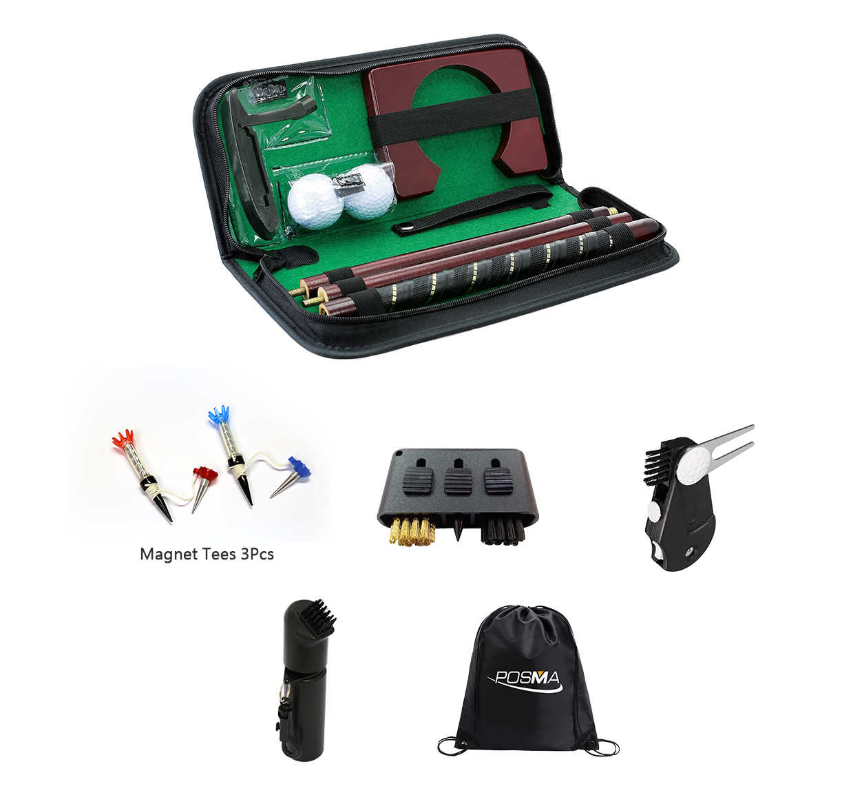 Posma PG020AG 高爾夫推桿練習組-木質推桿+子母球釘+3款高爾夫球工具+Posma黑色束口後背包