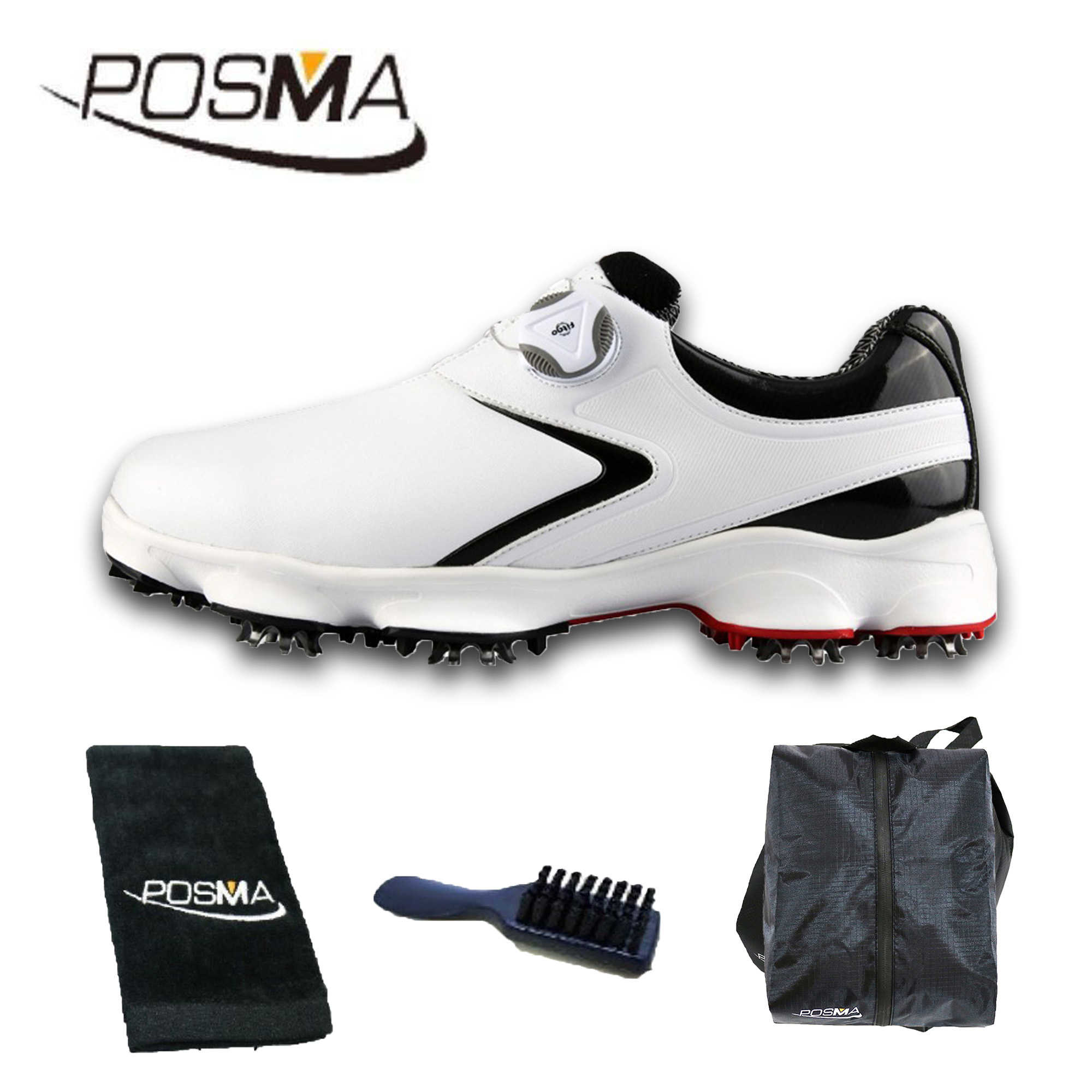 高爾夫男士球鞋 寬版鞋底 旋轉鞋帶 防水透氣  GSH125 白 黑 配POSMA鞋包 2合1清潔刷 高爾夫球毛巾