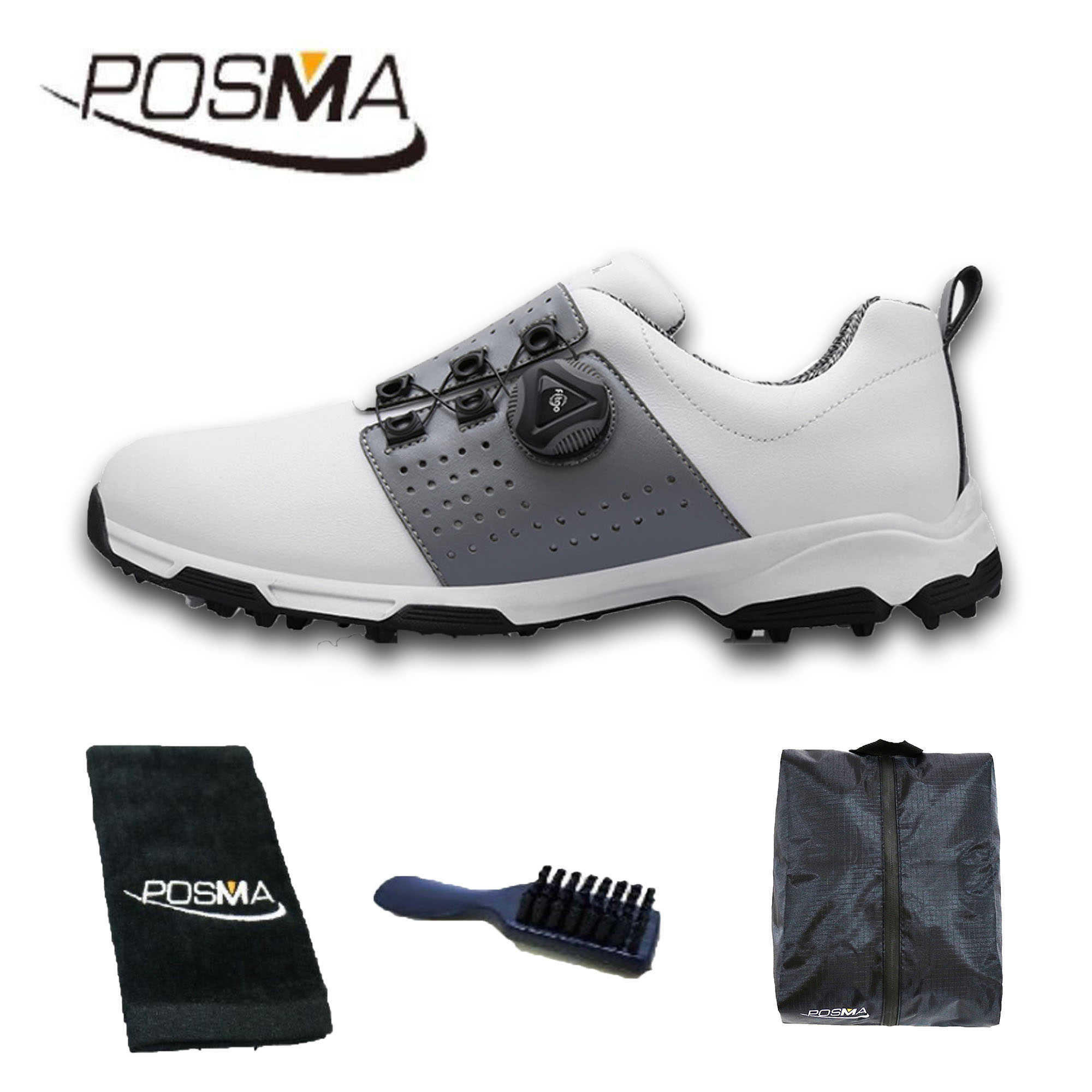 高爾夫男士球鞋 防水 透氣 旋轉鞋帶球鞋 防滑鞋釘 GSH096 白 灰 配POSMA鞋包 2合1清潔刷 高爾夫毛巾