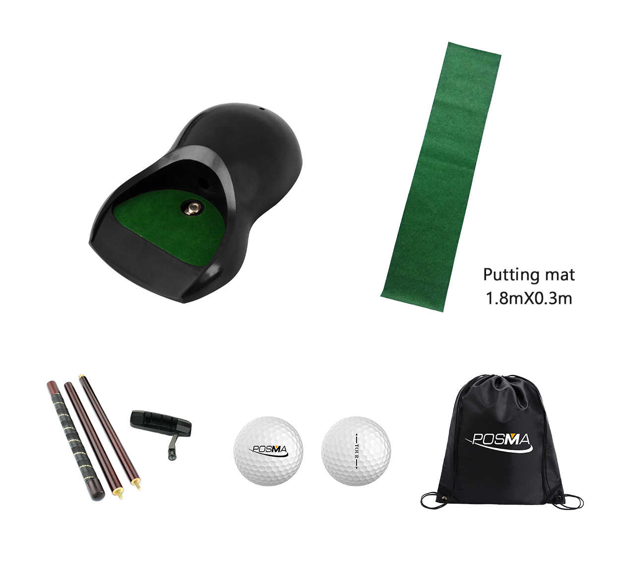 Posma PG160D 高爾夫自動回球器套組-葫蘆款+練習草皮+可拆式木質推桿+Posma 高爾夫球+Posma束口後背包