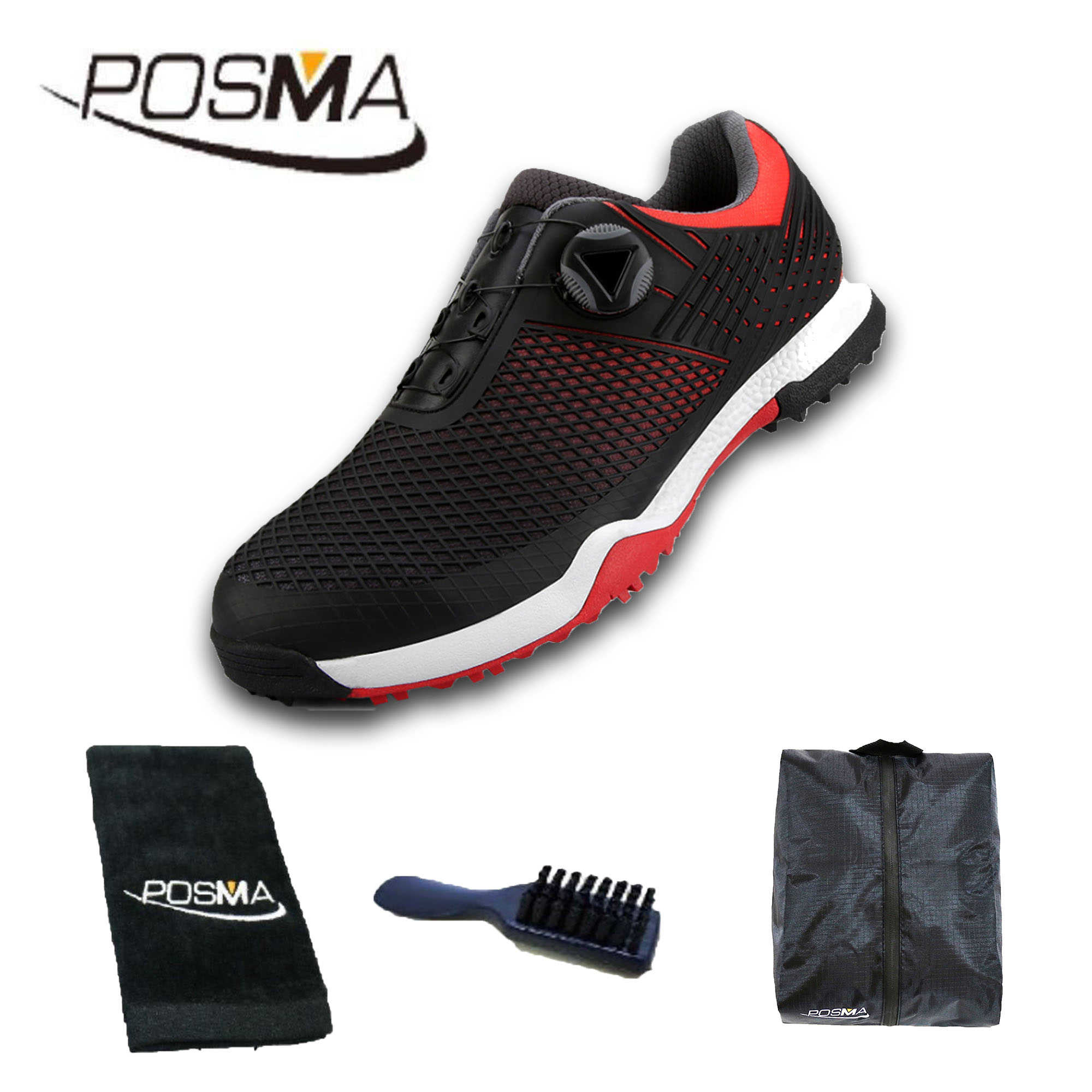高爾夫男士防水運動鞋 緩震鞋底春夏男鞋 golf shoes GSH112 黑 紅  配POSMA鞋包 2合1清潔刷