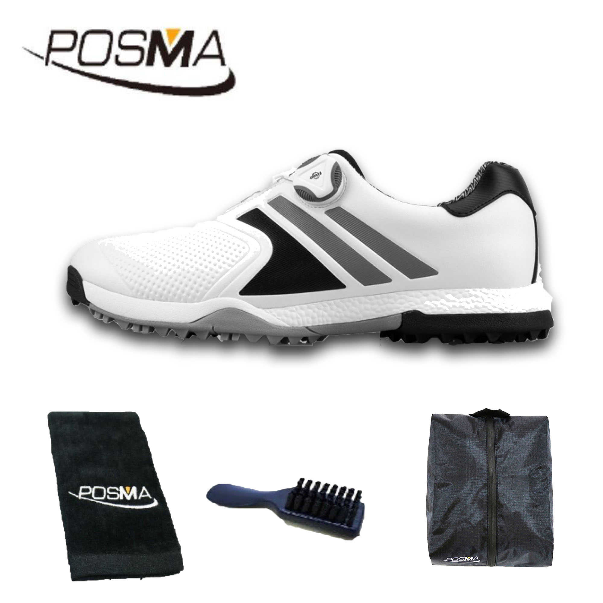 高爾夫男士防水運動鞋旋轉鞋扣 男鞋 golf shoes  GSH118 白 黑 灰 配POSMA鞋包 2合1清潔刷