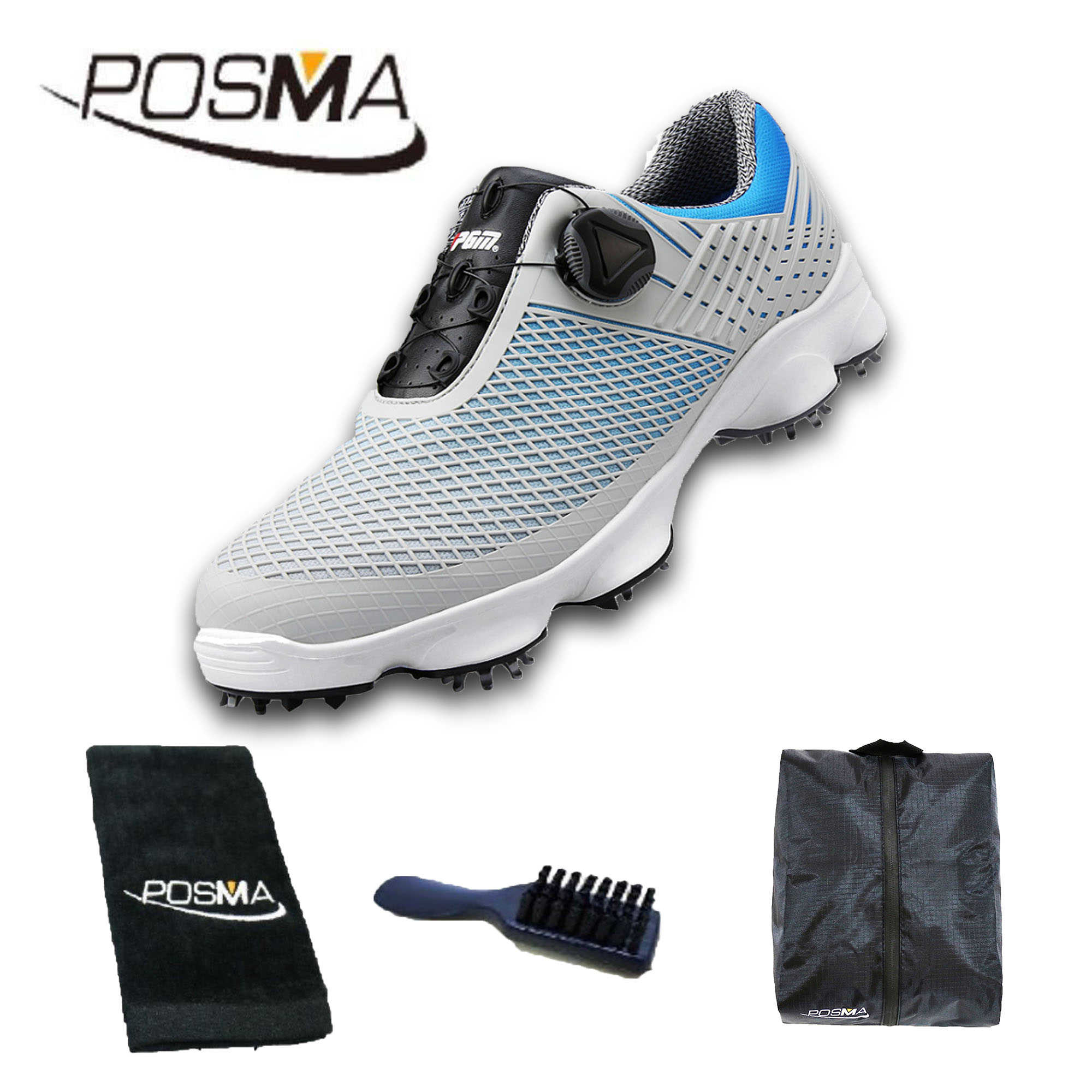 高爾夫球鞋 男士防水運動鞋 寬版鞋底 旋轉鞋帶鞋  GSH106 灰 藍  配POSMA鞋包 2合1清潔刷 高爾夫球毛巾