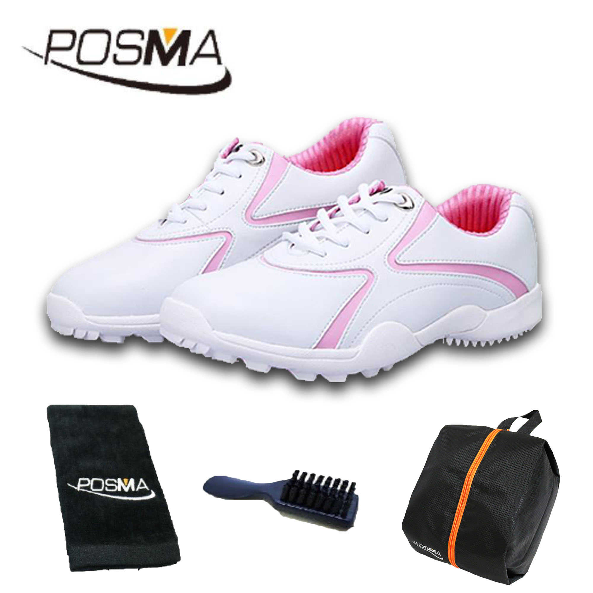 高爾夫球鞋 休閒款 女款固定釘 防水透氣 球童女鞋 GSH016 白+粉 配POSMA鞋包 2合1清潔刷 毛巾