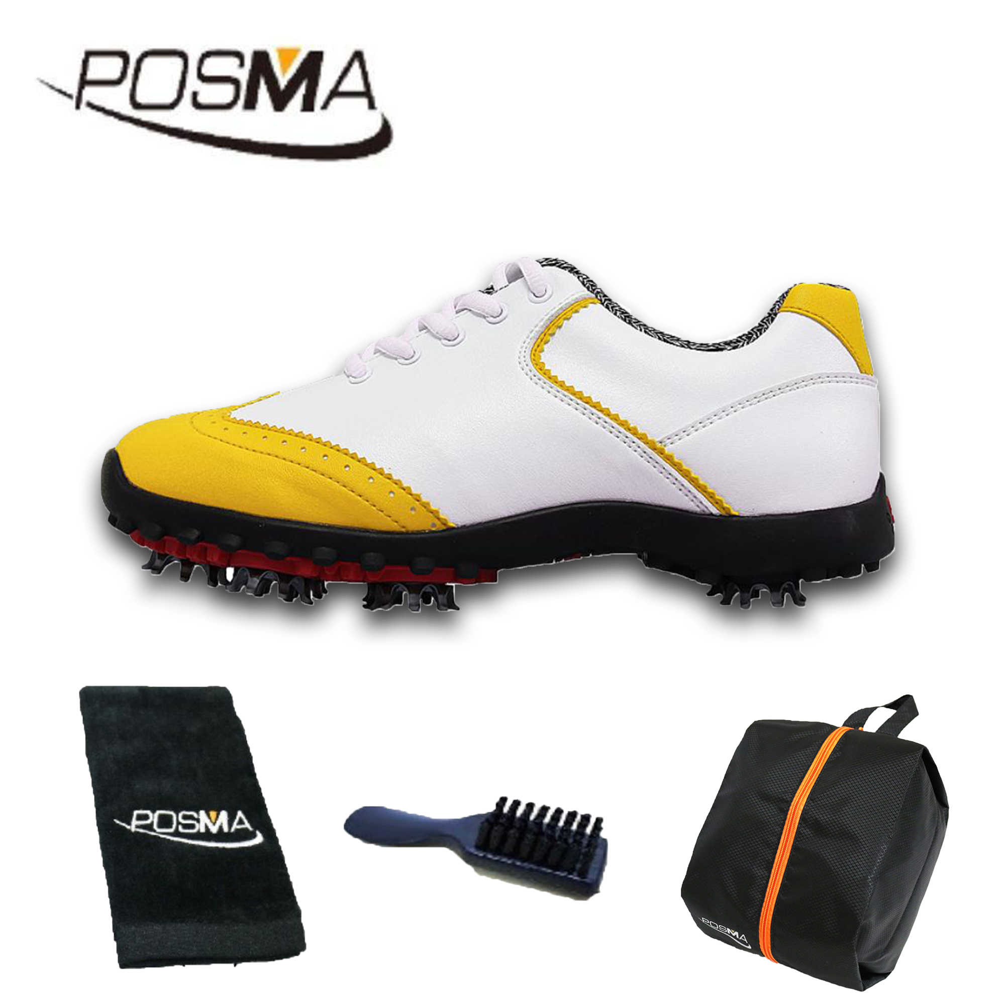 高爾夫球鞋 女款 英倫風 防水超纖皮 防水運動鞋  GSH080 白 黃  高爾夫球毛巾