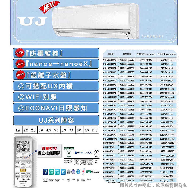 Panasonic國際【CS-UJ22BA2/CU-UJ22BCA2】變頻分離式冷氣(冷專型)(含標準安裝)