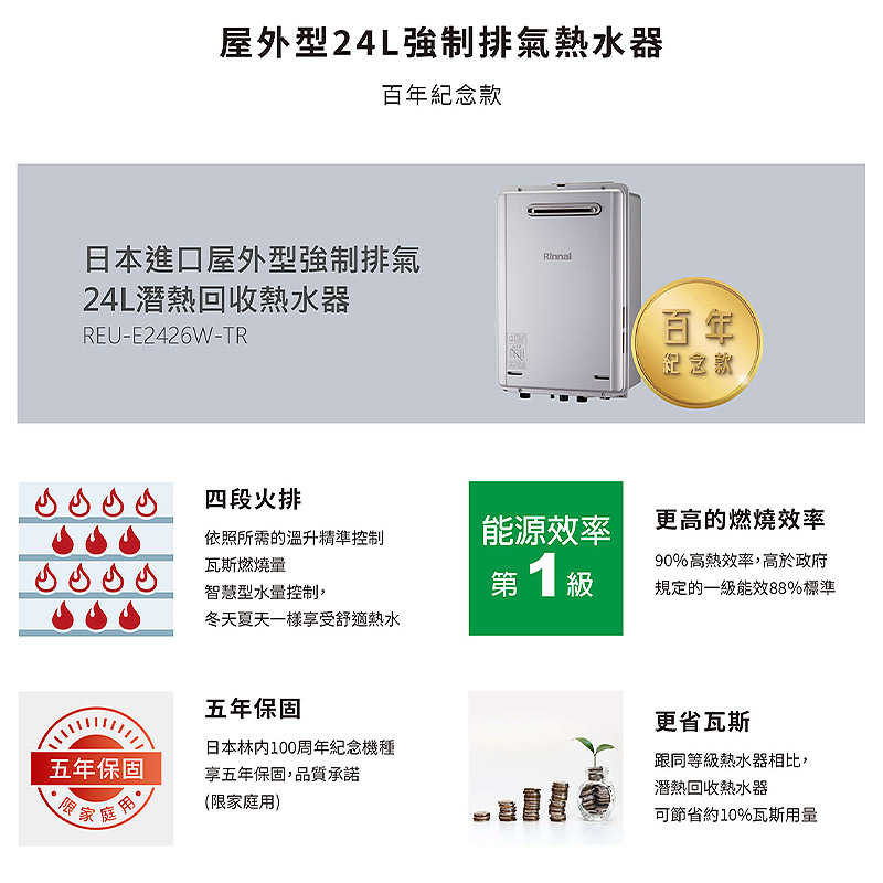 林內【REU-E2426W-TR_LPG】24L屋外型潛熱回收熱水器 需另購溫控器 桶裝瓦斯(含全台安裝)