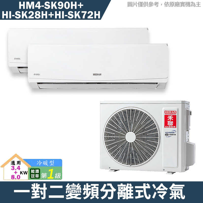 禾聯【HM4-SK90H/HI-SK28H/HI-SK72H】一對二變頻分離式冷氣(冷暖型)1級(含標準安裝)