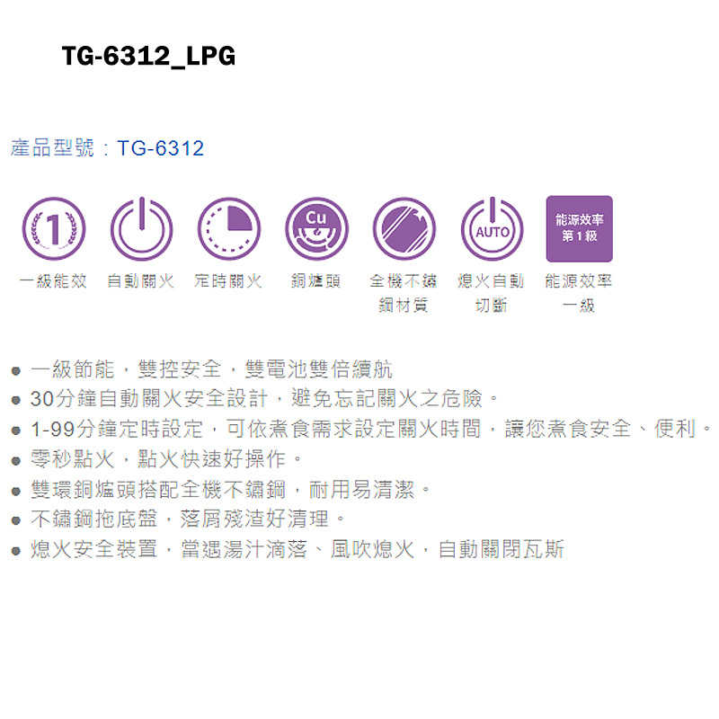 《結帳再折》莊頭北【TG-6312_LPG】一級雙環銅爐頭/雙控定時台爐瓦斯爐-桶裝瓦斯TG-6312(含全台安裝)