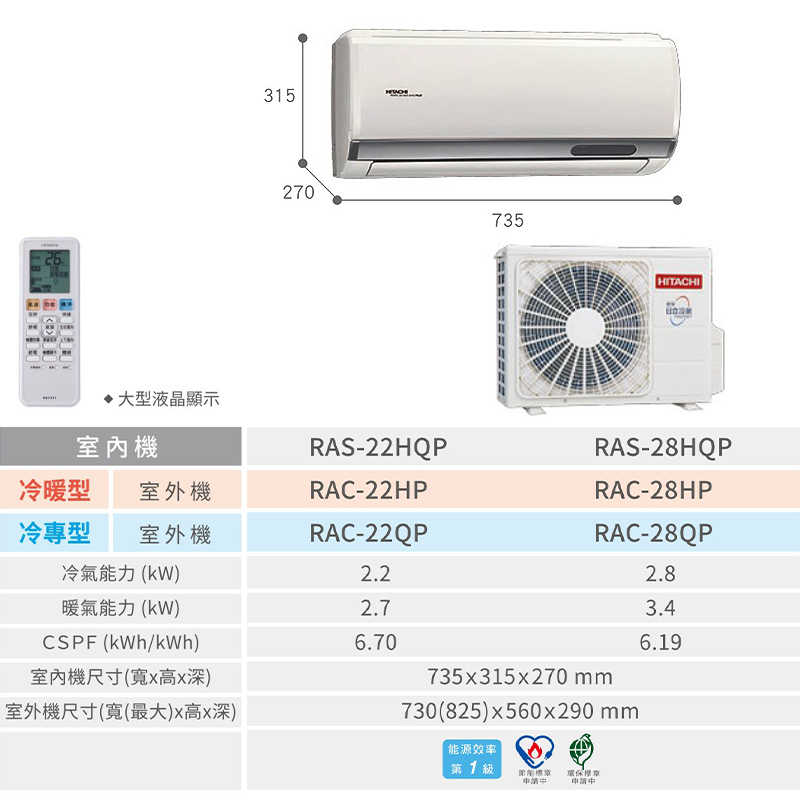 HITACHI 日立【RAS-22HQP/RAC-22HP】R32變頻冷暖一對一分離式冷氣(含標準安裝)