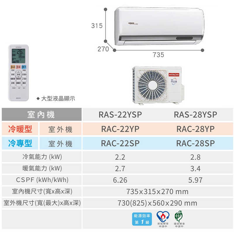 HITACHI 日立【RAS-22YSP/RAC-22SP】R32變頻冷專一對一分離式冷氣(含標準安裝)