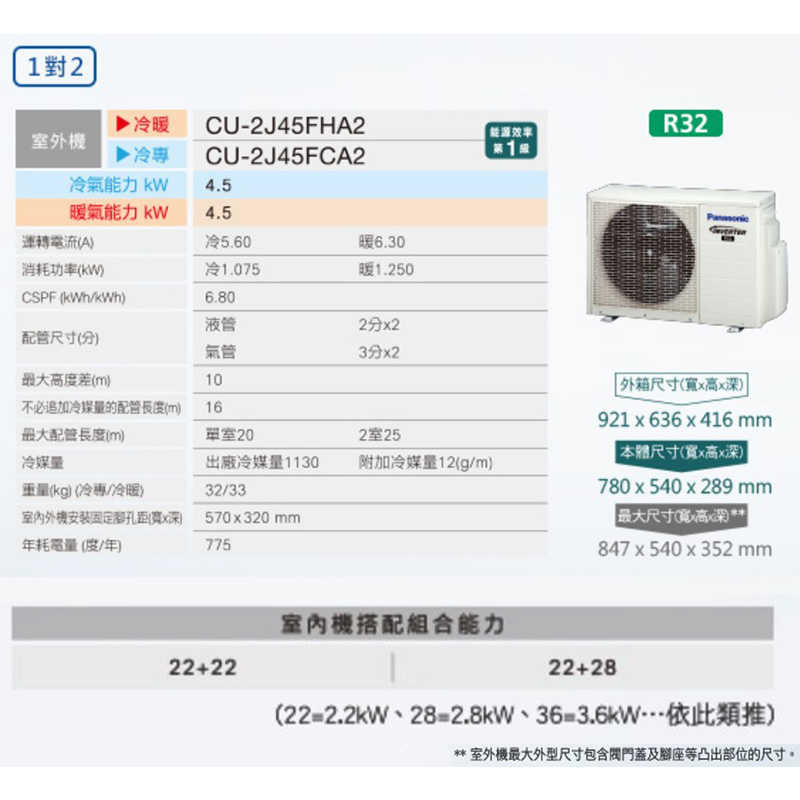 Panasonic國際【CU-2J45FHA2/CS-UX22BA2/CS-UX28BA2】一對二變頻分離式冷氣(冷暖型)(含標準安裝)