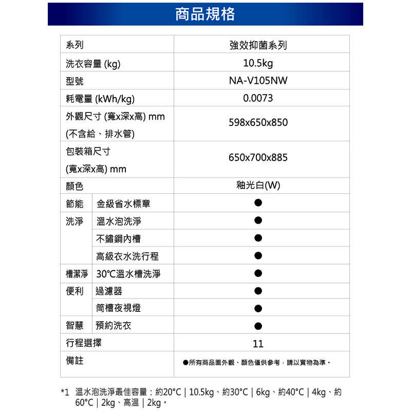 Panasonic國際家電【NA-V105NW-W】10.5kg強效抑菌變頻溫水滾筒洗衣機 釉光白(W)(含標準安裝)