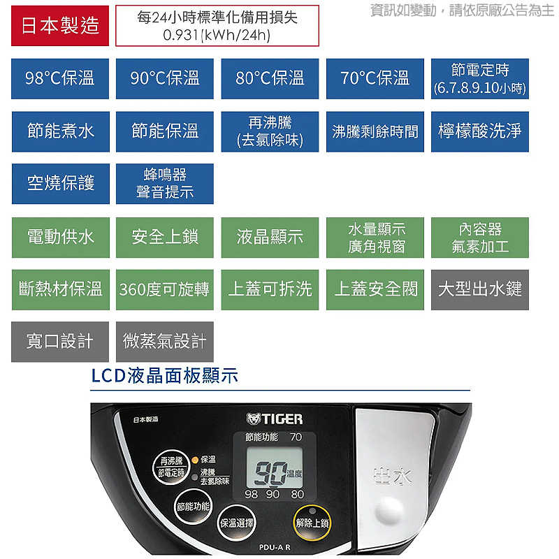 虎牌【PDU-A30R】日本製超大按鈕電熱水瓶-3L 優惠 庫