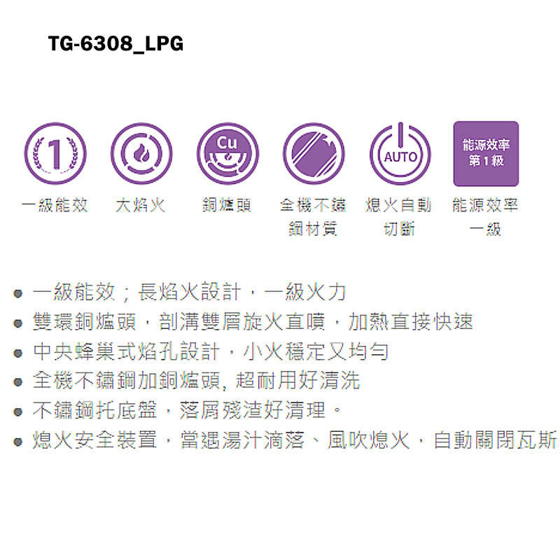 《結帳再折》莊頭北【TG-6308_LPG】一級銅爐頭台爐瓦斯爐-桶裝瓦斯TG-6308(含全台安裝)