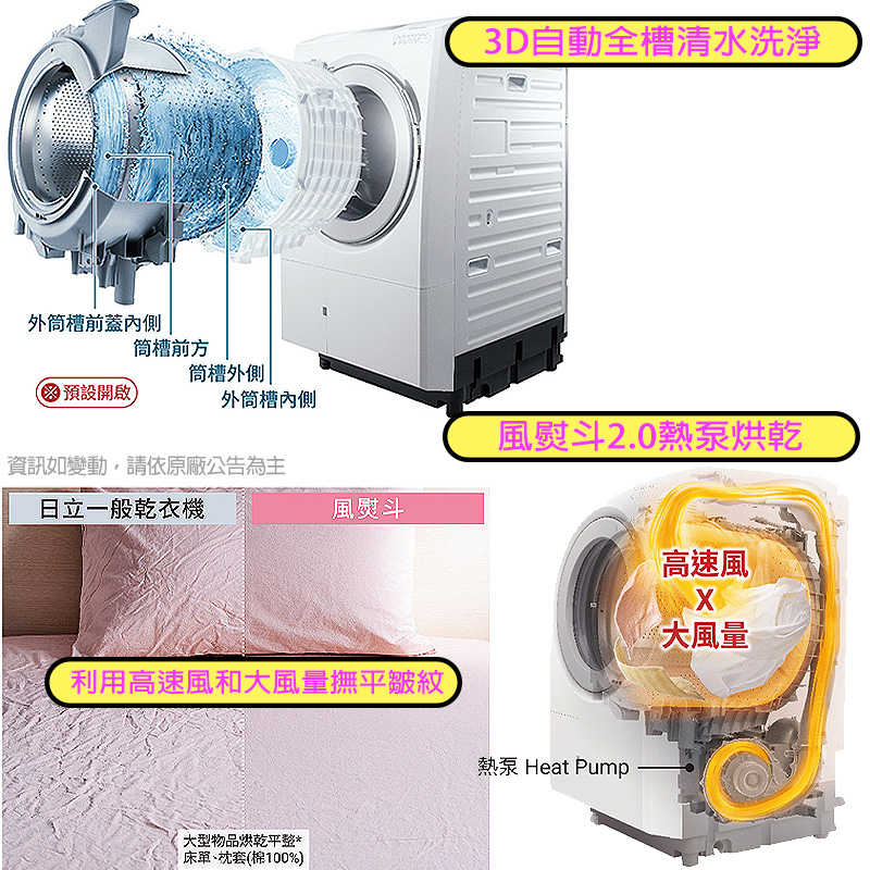 日立【BDSX150JJR-W】洗衣15公斤/烘衣8公斤熱泵滾筒洗衣機(右開)-雪霧白 (標準安裝)