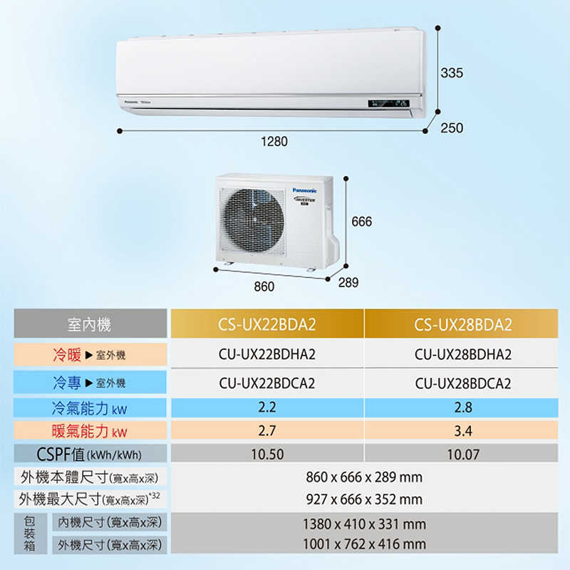 Panasonic國際【CS-UX22BDA2/CU-UX22BDCA2】超高效變頻分離式冷氣(冷專型)(含標準安裝)