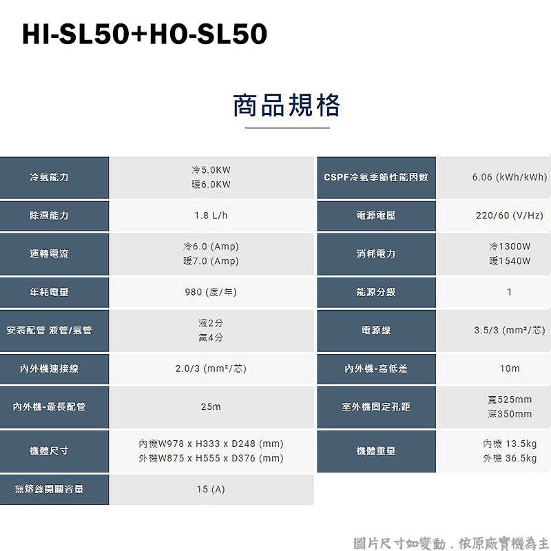 禾聯【HI-SL50/HO-SL50】R32變頻分離式冷氣-沼氣防護(冷專型)1級(含標準安裝)