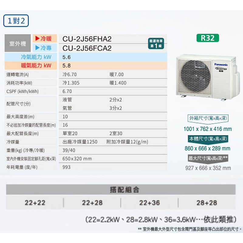 Panasonic國際【CU-2J56FHA2/CS-UX22BA2/CS-UX40BA2】一對二變頻分離式冷氣(冷暖型)(含標準安裝)