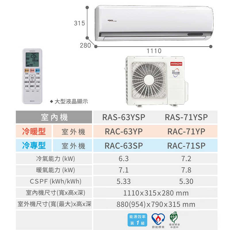 HITACHI 日立【RAS-63YSP/RAC-63SP】R32變頻冷專一對一分離式冷氣(含標準安裝)