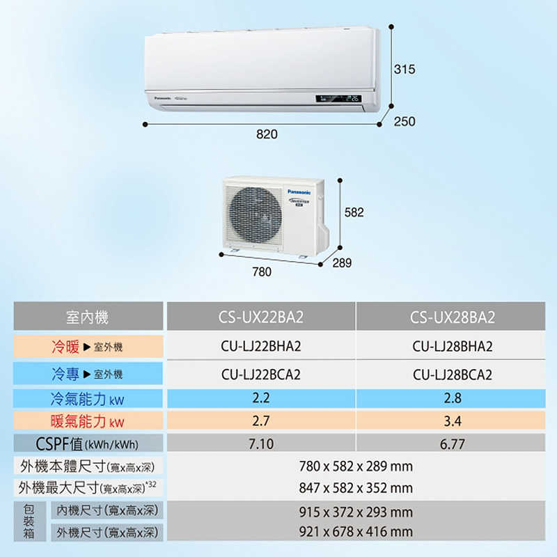 Panasonic國際【CS-UX22BA2/CU-LJ22BHA2】一級變頻分離式冷氣(冷暖型)(含標準安裝)