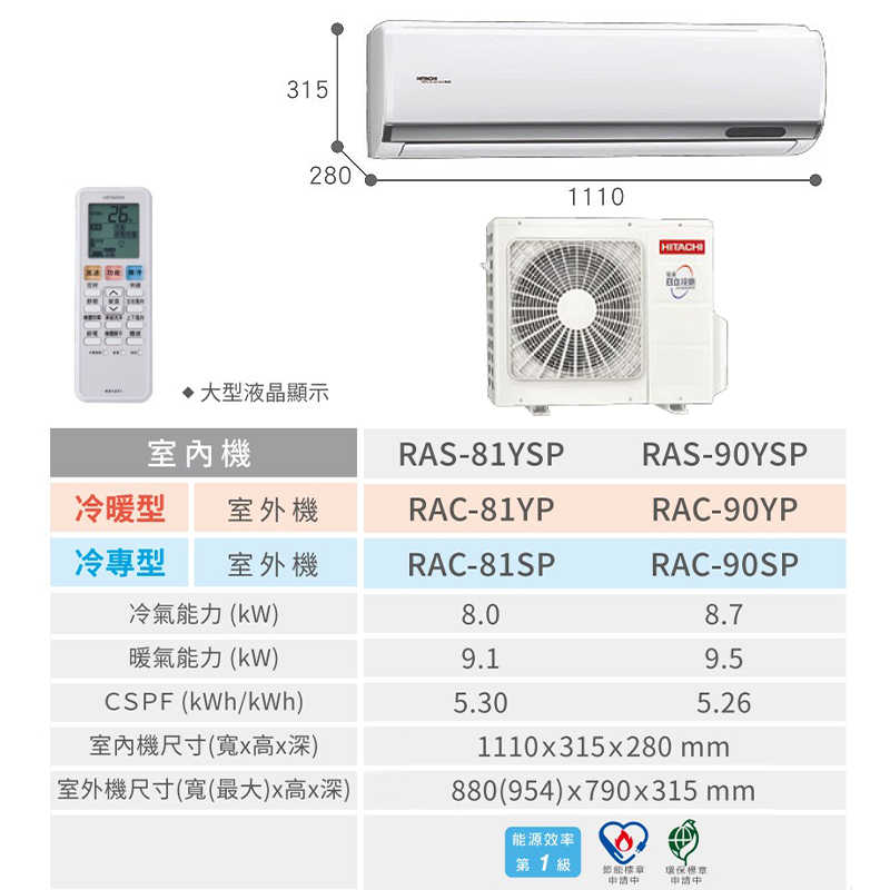 HITACHI 日立【RAS-81YSP/RAC-81SP】R32變頻冷專一對一分離式冷氣(含標準安裝)