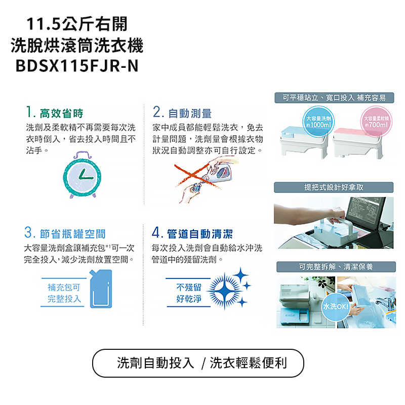 日立家電【BDSX115FJR-N】11.5公斤滾筒洗脫烘右開洗衣機 (標準安裝)同BDSX115FJR